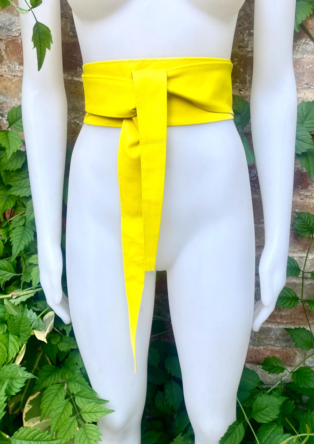 Bright yellow obi belt. Wrap belt in soft genuine leather. Wraparound waist belt. Wide style. Boho dress belt in canary yellow