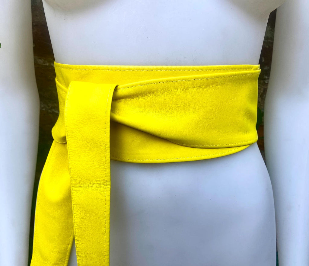 Bright yellow obi belt. Wrap belt in soft genuine leather. Wraparound waist belt. Wide style. Boho dress belt in canary yellow