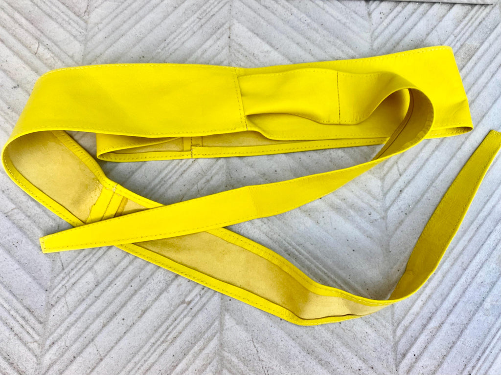 Bright yellow obi belt. Wrap belt in soft genuine leather. Wraparound waist belt. Wide style. Boho dress belt in canary yellow
