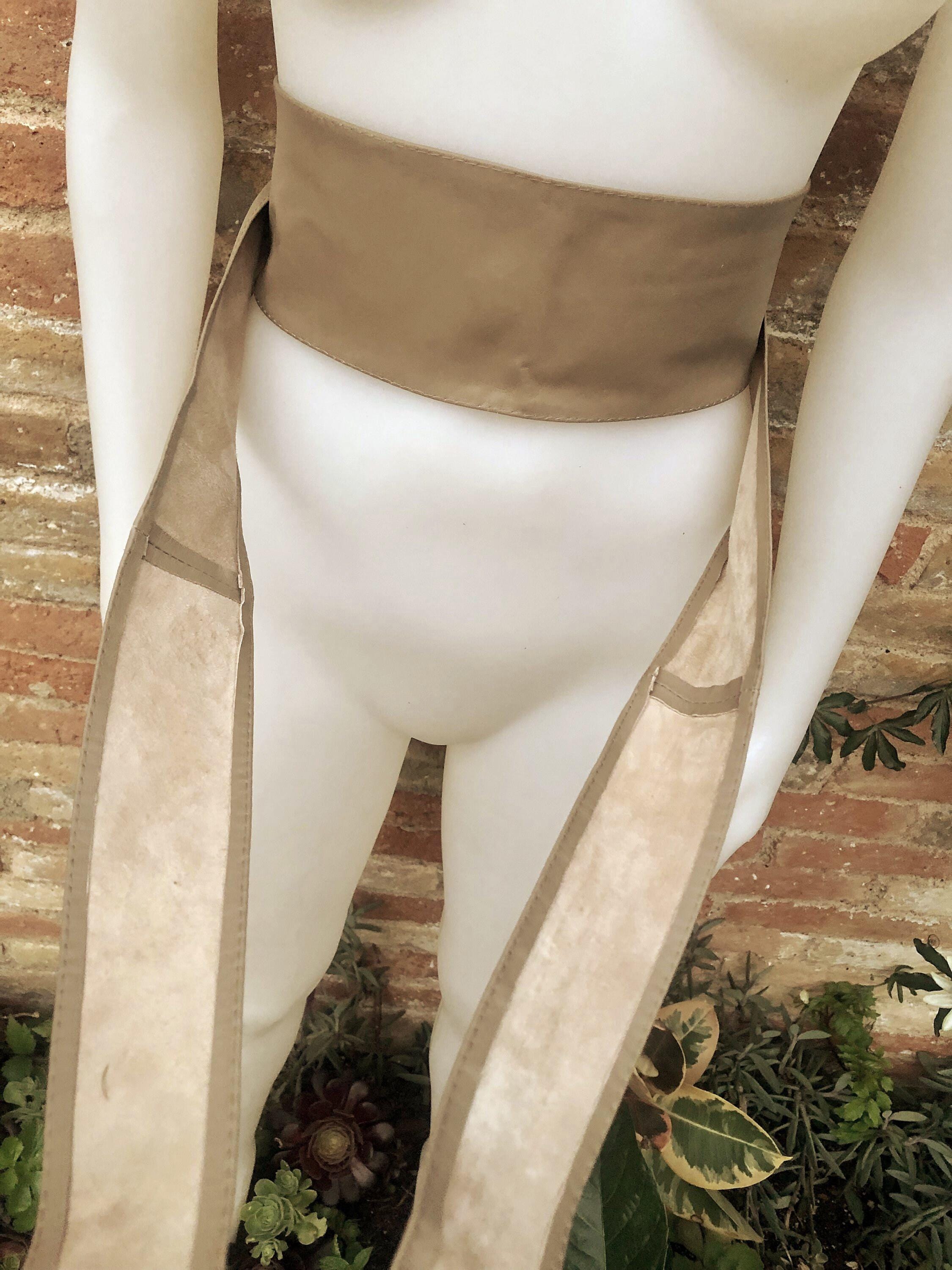 Light KHAKI brown obi belt. Wrap belt in soft genuine leather. Wraparound waist belt. Wide style. Boho wide dress belt in light taupe brown