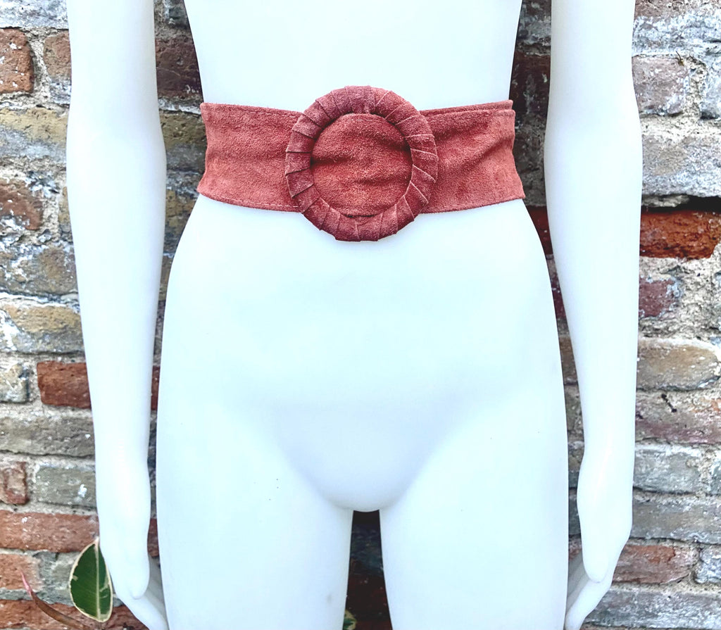 Terracotta orange wide suede waist belt. Large round buckle. Boho soft suede belt in burnt orange. Genuine suede leather. Orange dress belt