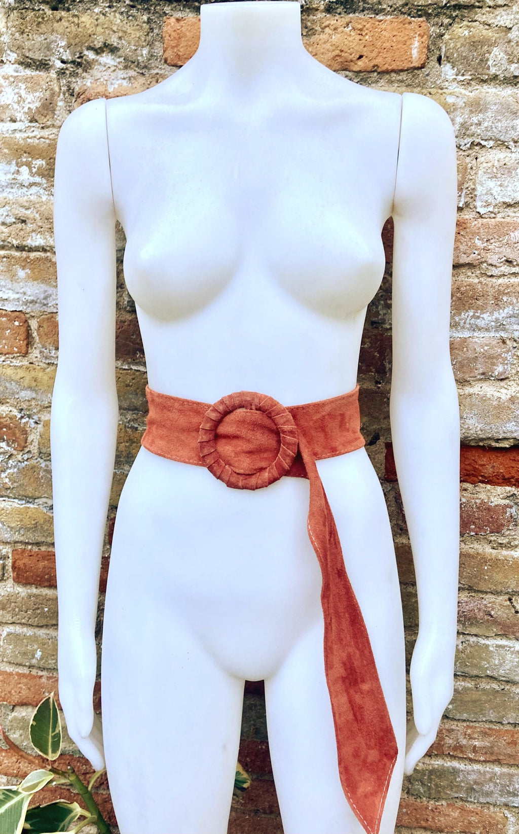Terracotta orange wide suede waist belt. Large round buckle. Boho soft suede belt in burnt orange. Genuine suede leather. Orange dress belt