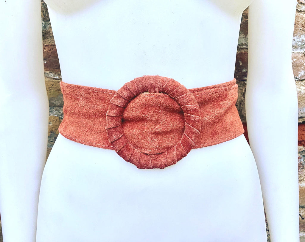 Terracotta orange wide suede waist belt. Large round buckle. Boho soft suede belt in burnt orange. Genuine suede leather. Orange dress belt