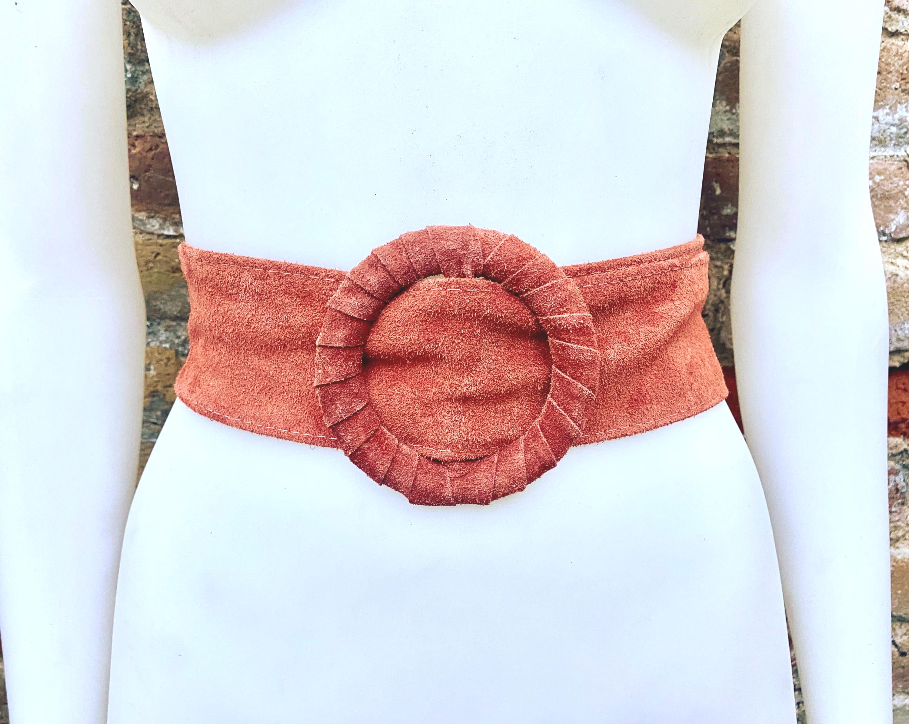 Terracotta orange wide suede waist belt. Large round buckle. Boho soft suede belt in burnt orange. Genuine suede leather. Orange dress belt