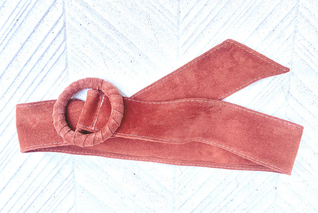 Terracotta orange wide suede waist belt. Large round buckle. Boho soft suede belt in burnt orange. Genuine suede leather. Orange dress belt