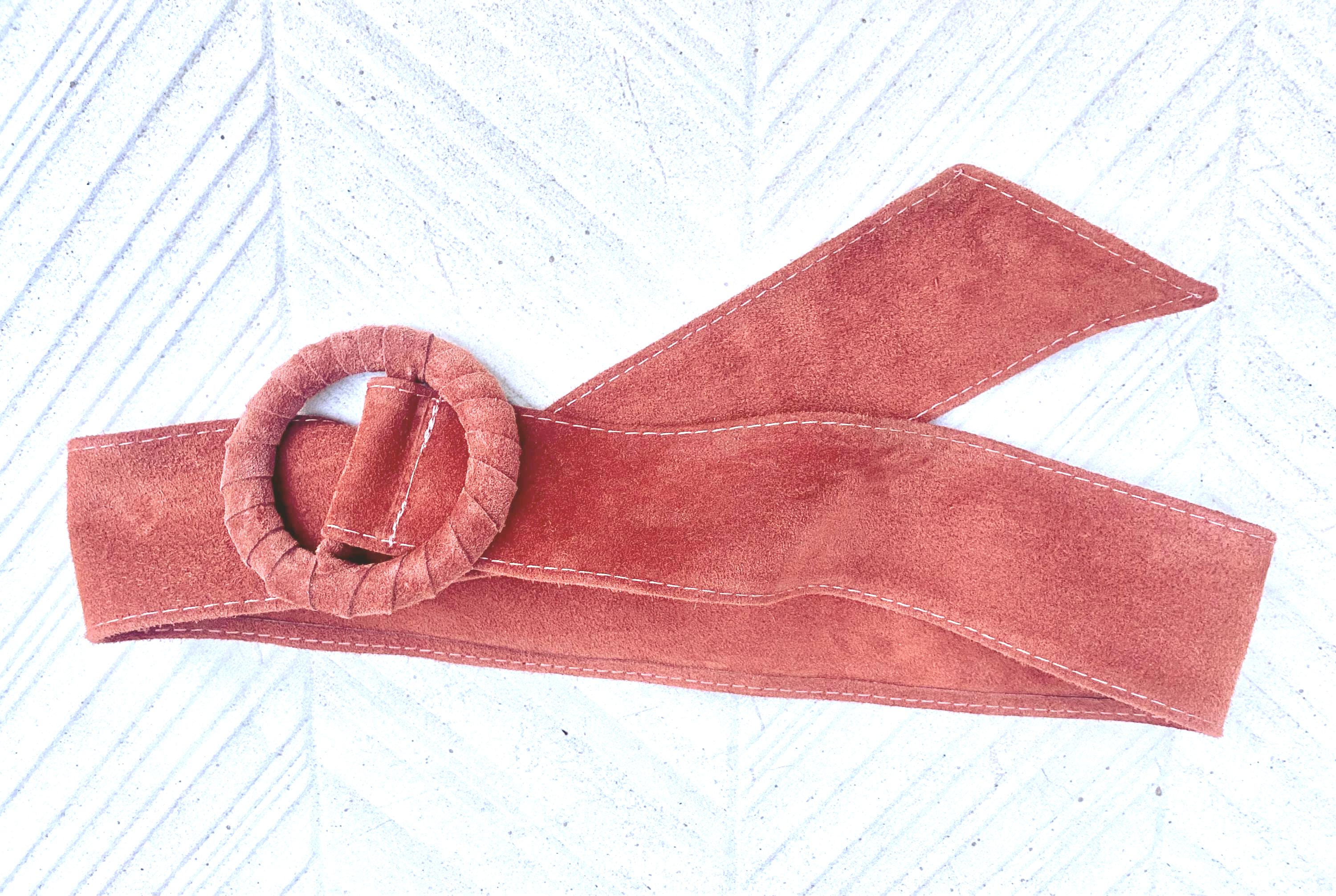 Terracotta orange wide suede waist belt. Large round buckle. Boho soft suede belt in burnt orange. Genuine suede leather. Orange dress belt