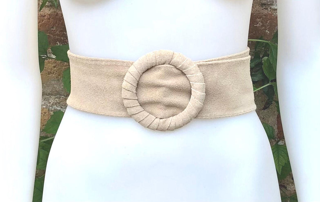 Beige suede waist belt with large round buckle. Boho soft suede belt in light beige. Genuine suede leather. Boho beige suede belt