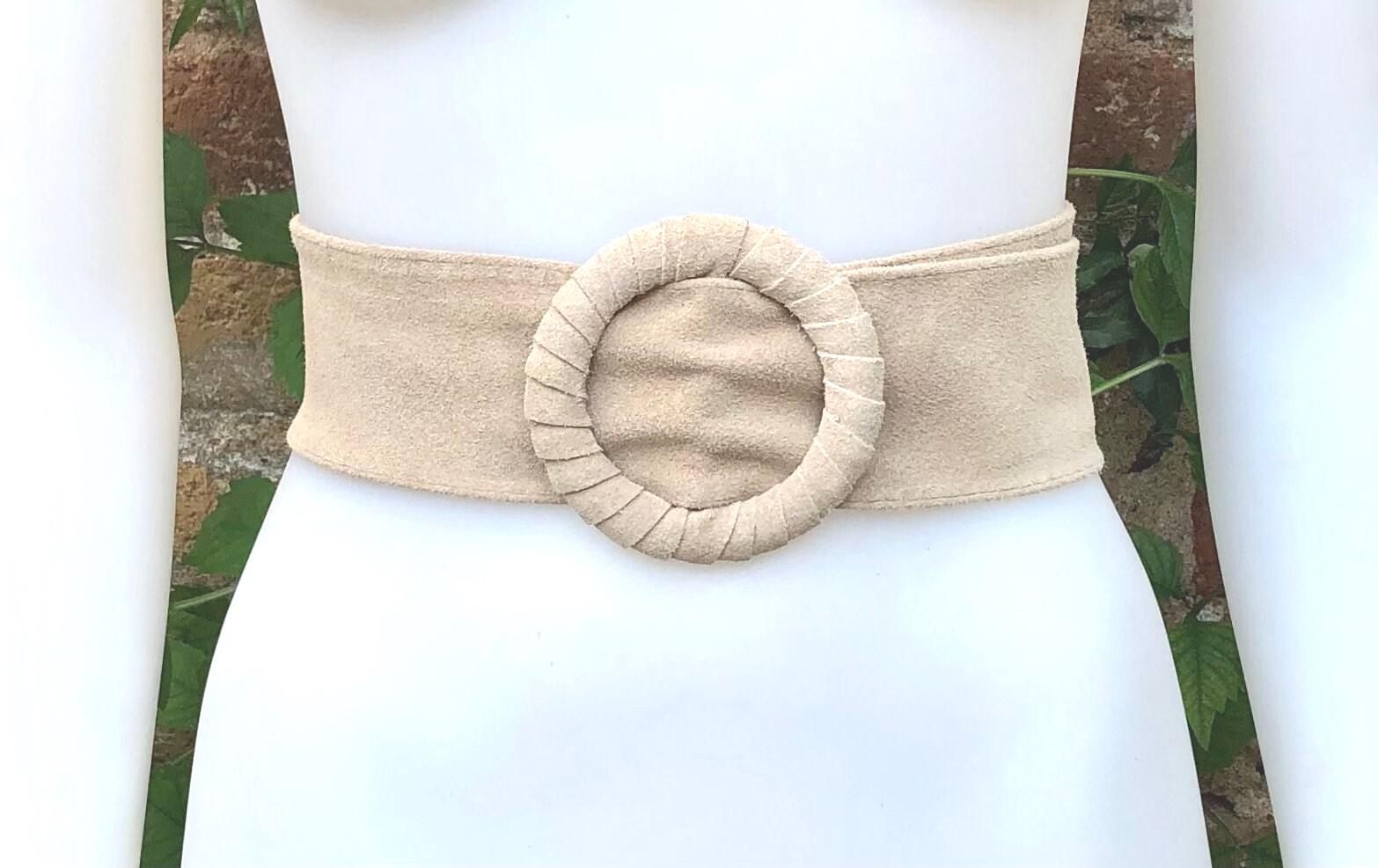 Beige suede waist belt with large round buckle. Boho soft suede belt in light beige. Genuine suede leather. Boho beige suede belt