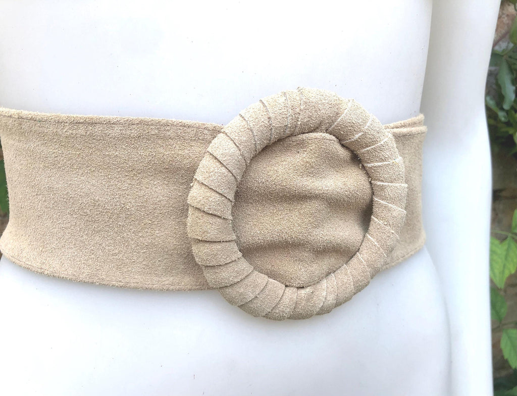 Beige suede waist belt with large round buckle. Boho soft suede belt in light beige. Genuine suede leather. Boho beige suede belt