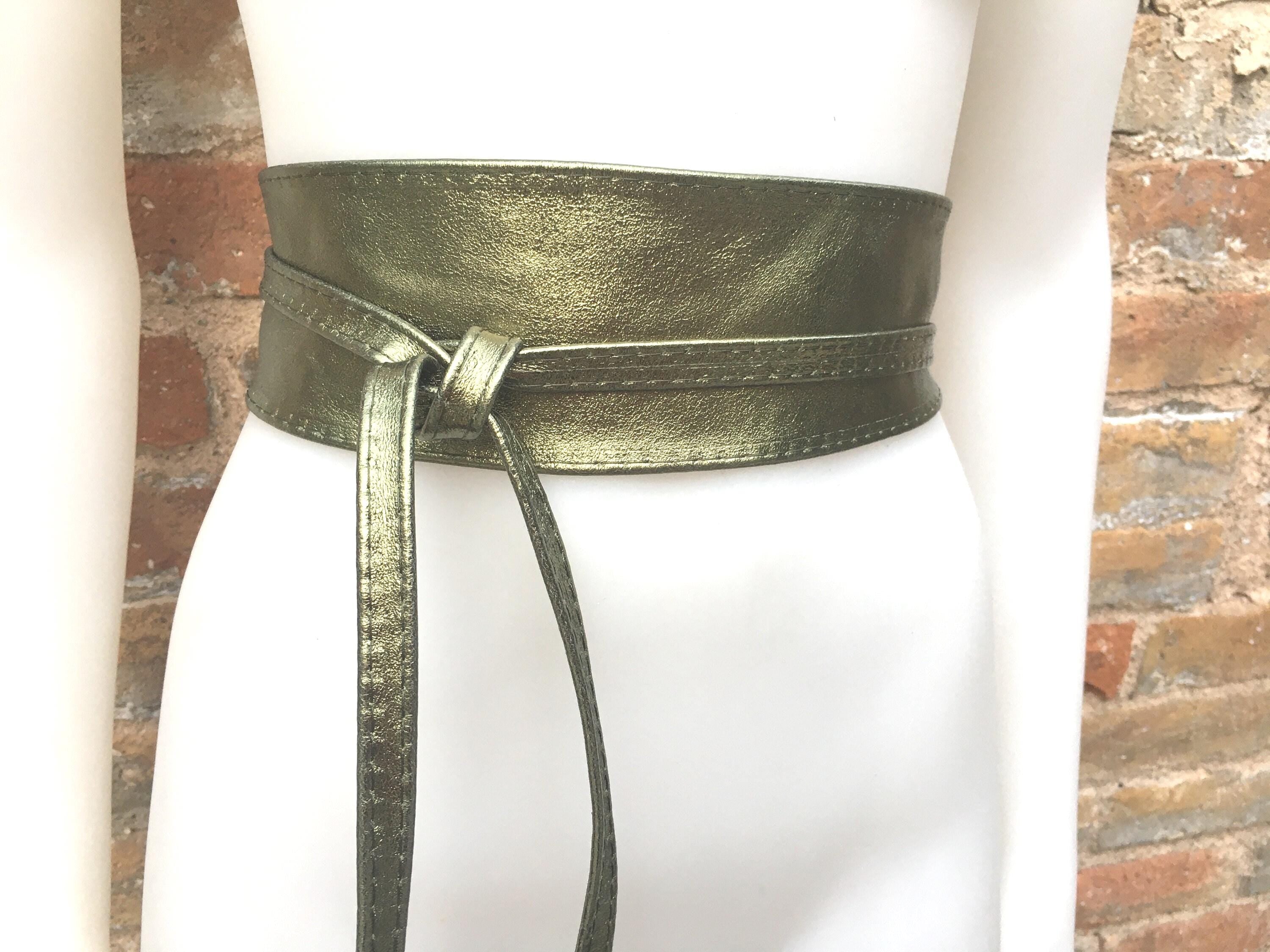 GREEN leather OBI belt. Wide waist belt in soft genuine leather. Metallic shine wraparound belt, boho dress belt in silver color leather.