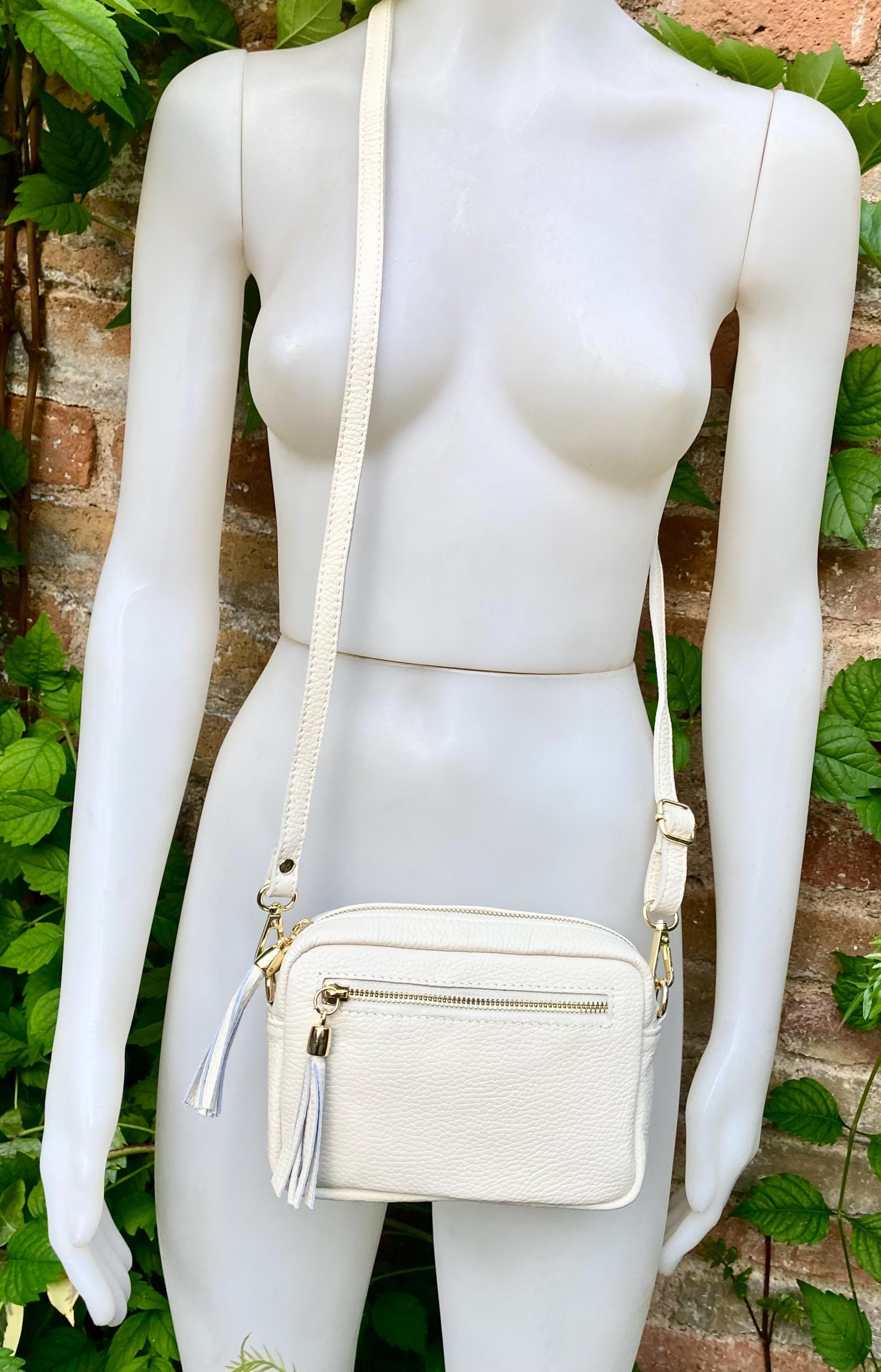 Small leather bag in white. GENUINE leather shoulder / cross body bag. White leather purse, adjustable strap + zippers.