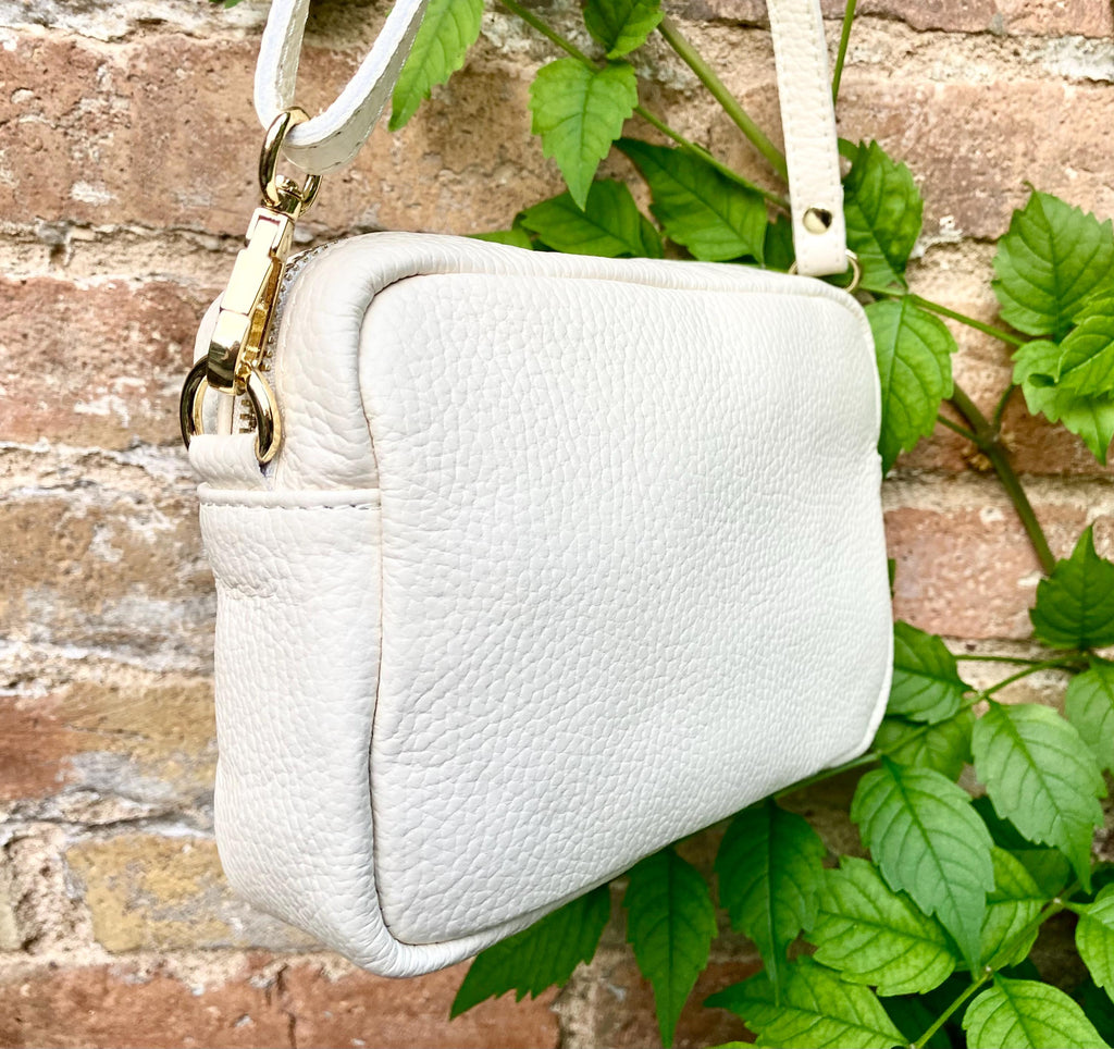Small leather bag in white. GENUINE leather shoulder / cross body bag. White leather purse, adjustable strap + zippers.