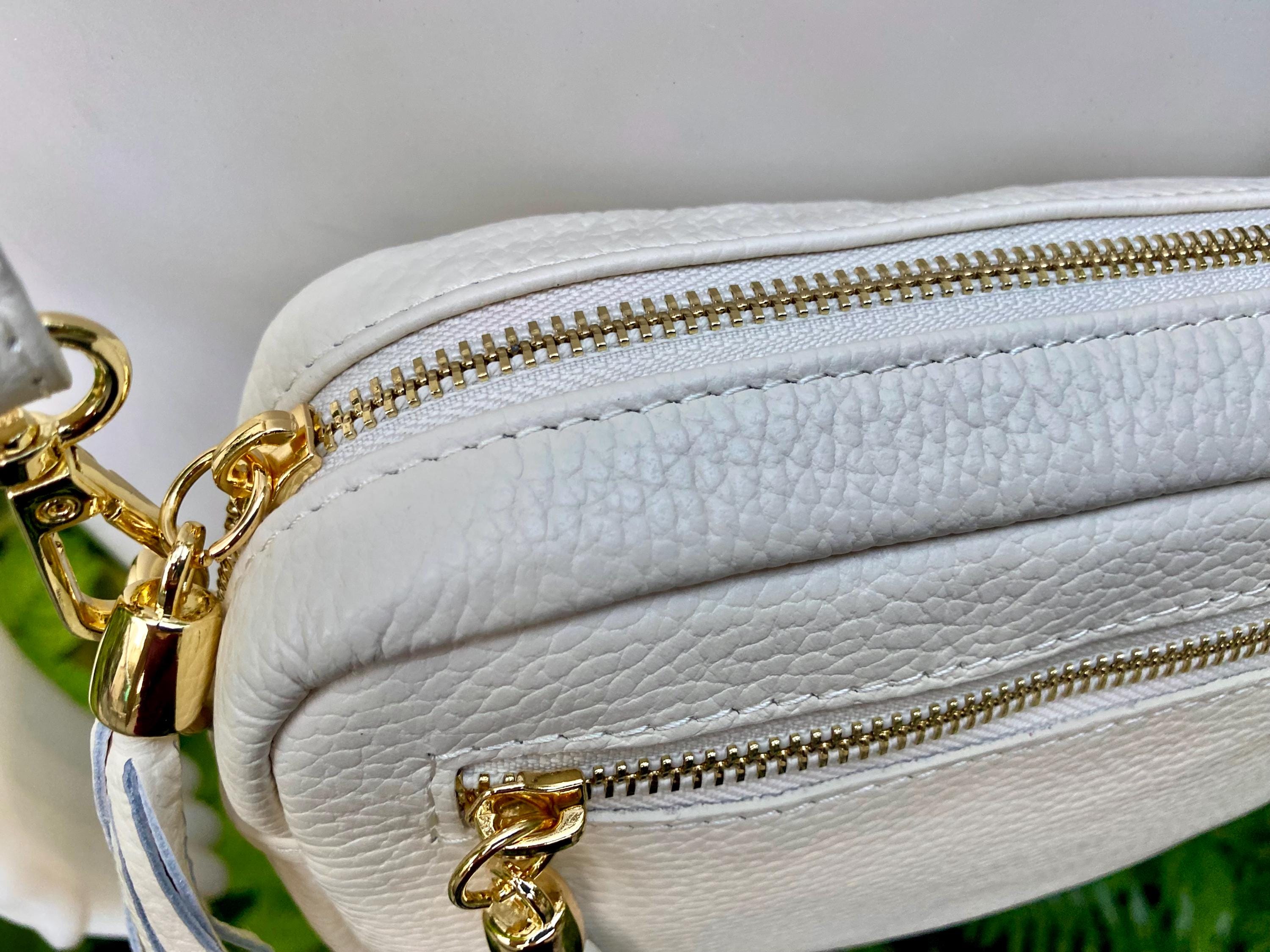 Small leather bag in white. GENUINE leather shoulder / cross body bag. White leather purse, adjustable strap + zippers.