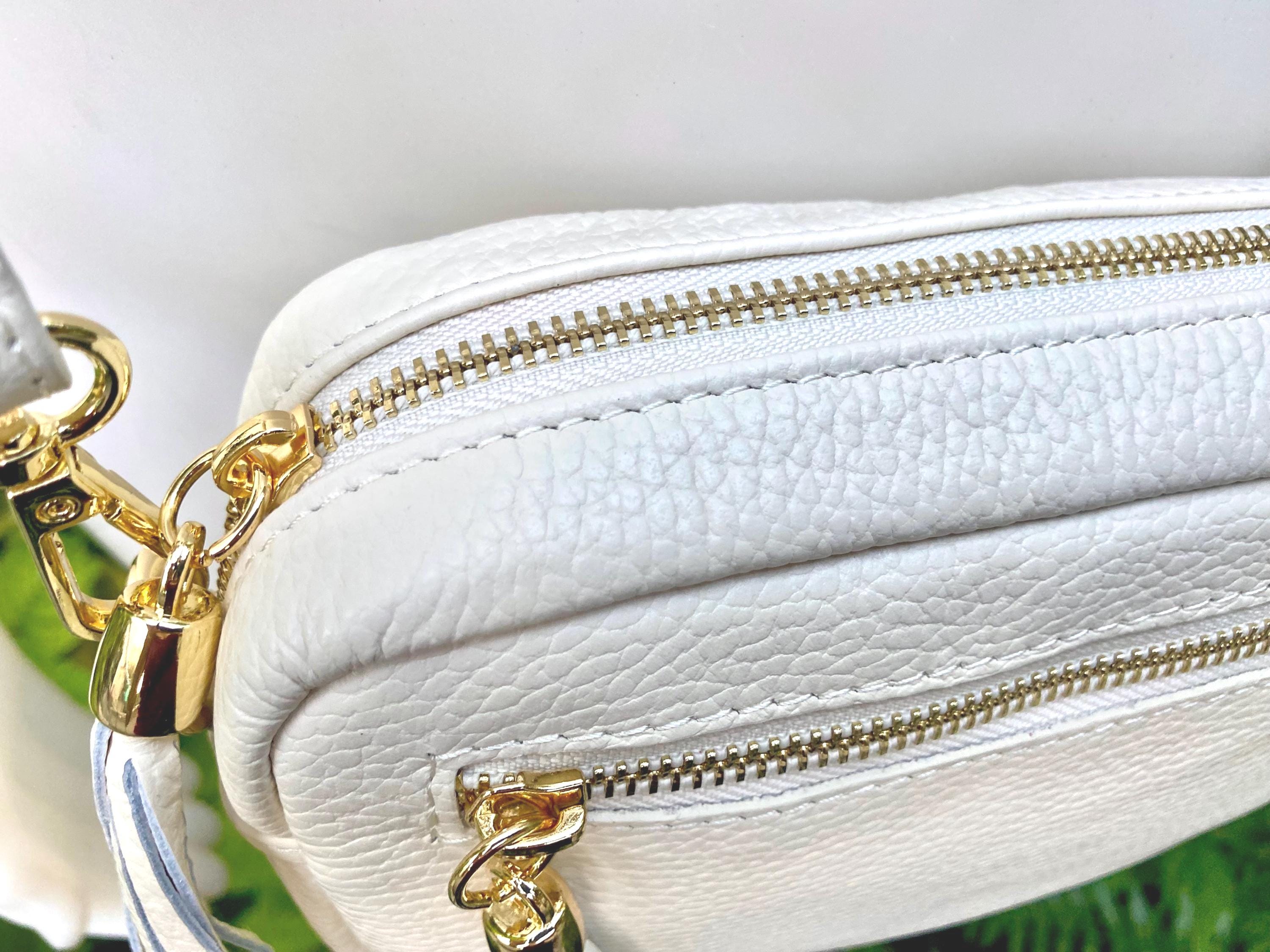 Small leather bag in white. GENUINE leather shoulder / cross body bag. White leather purse, adjustable strap + zippers.