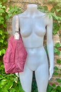 Raspberry PINK slouch suede bag, wide GOLD leather strap. Soft genuine suede leather shopper / hobo bag. Pink suede purse