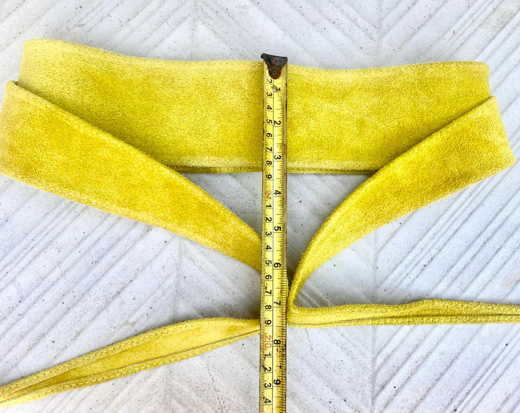Bright yellow suede obi belt. Wide wraparound waistbelt. Boho dress / overall belt in canary yellow genuine leather.