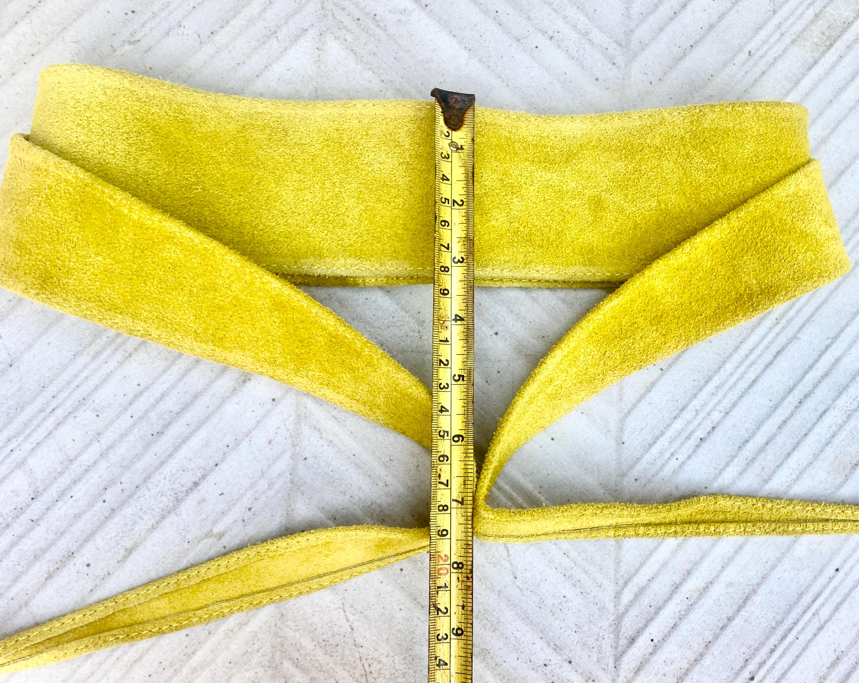 Bright yellow suede obi belt. Wide wraparound waistbelt. Boho dress / overall belt in canary yellow genuine leather.