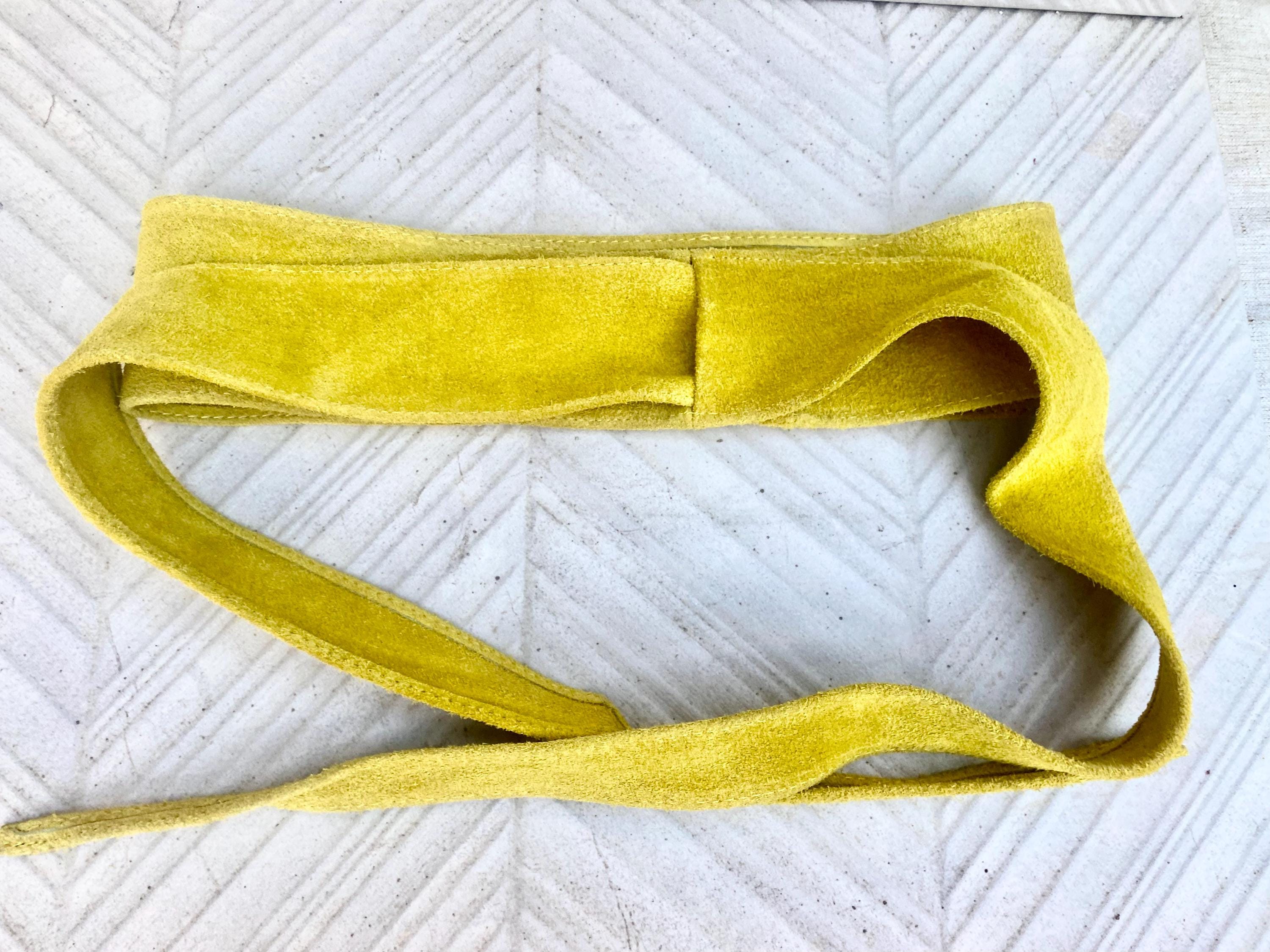 Bright yellow suede obi belt. Wide wraparound waistbelt. Boho dress / overall belt in canary yellow genuine leather.