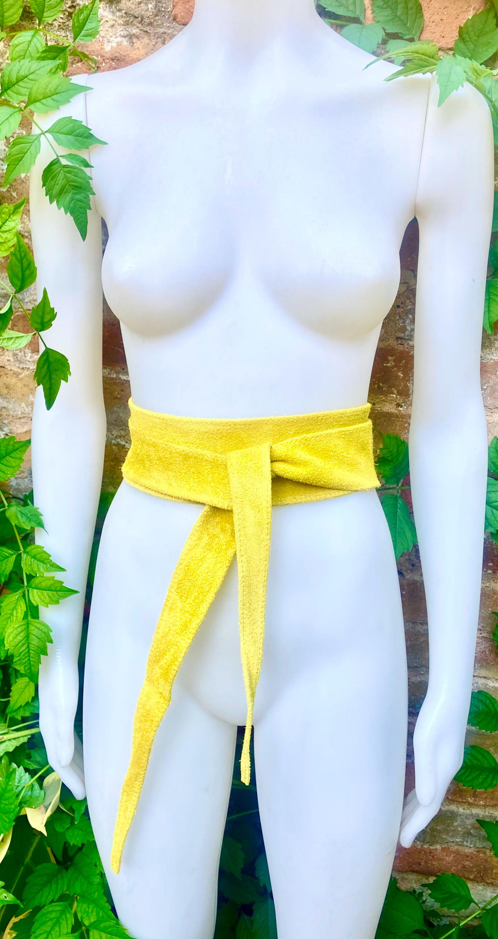Bright yellow suede obi belt. Wide wraparound waistbelt. Boho dress / overall belt in canary yellow genuine leather.