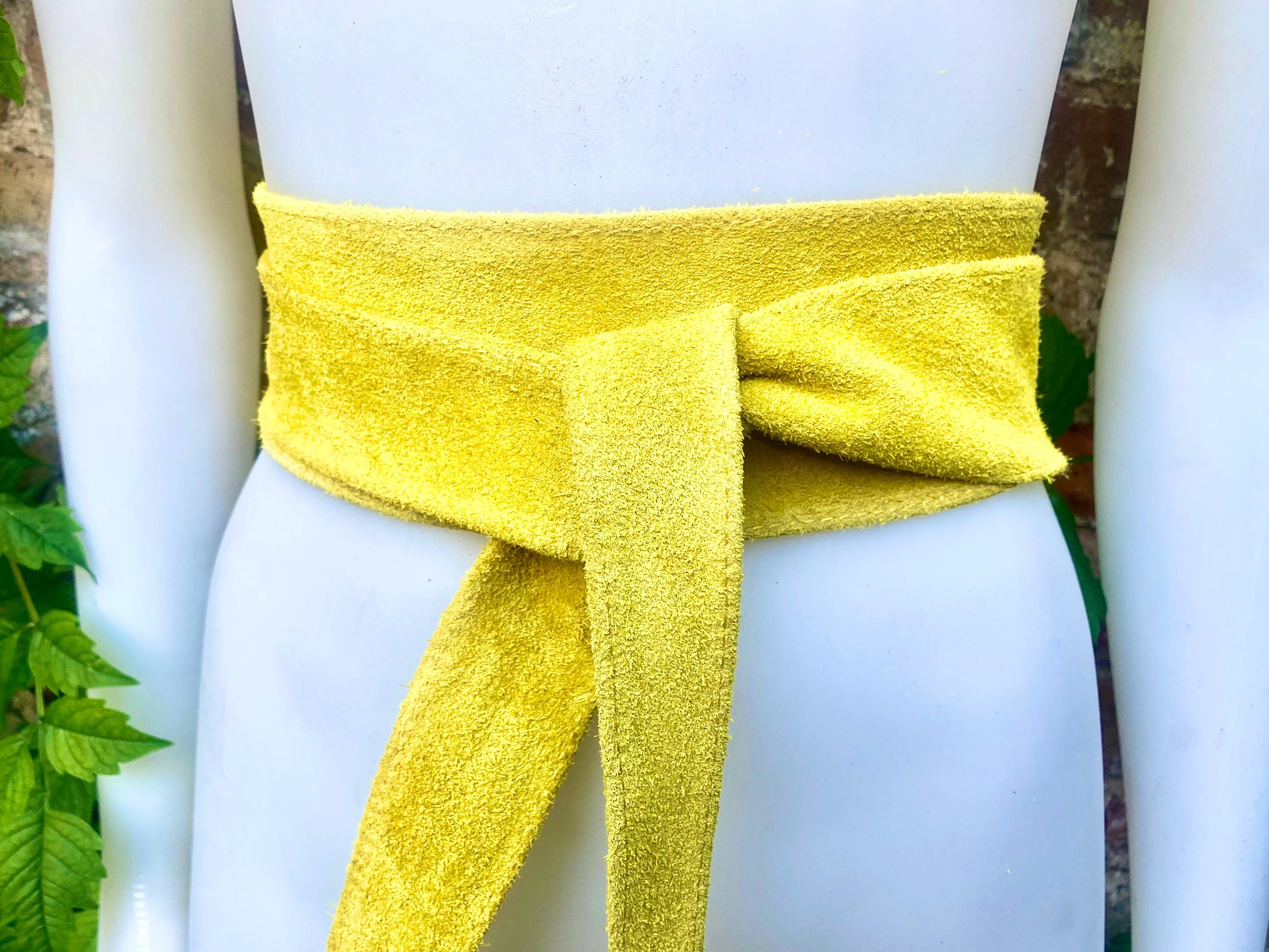 Bright yellow suede obi belt. Wide wraparound waistbelt. Boho dress / overall belt in canary yellow genuine leather.