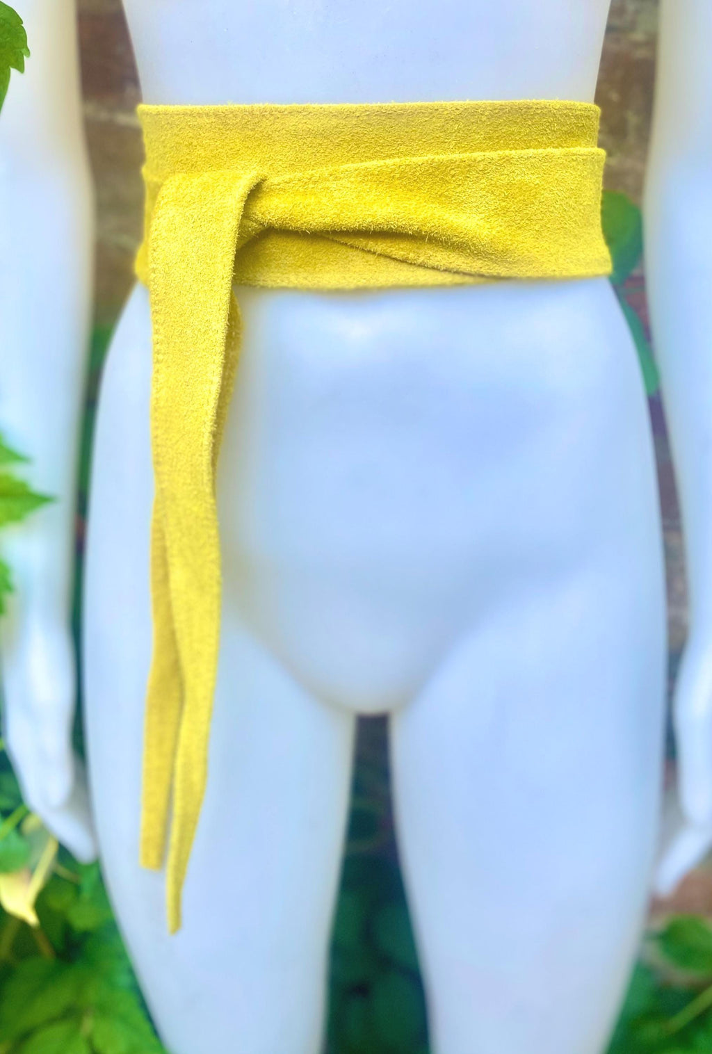 Bright yellow suede obi belt. Wide wraparound waistbelt. Boho dress / overall belt in canary yellow genuine leather.