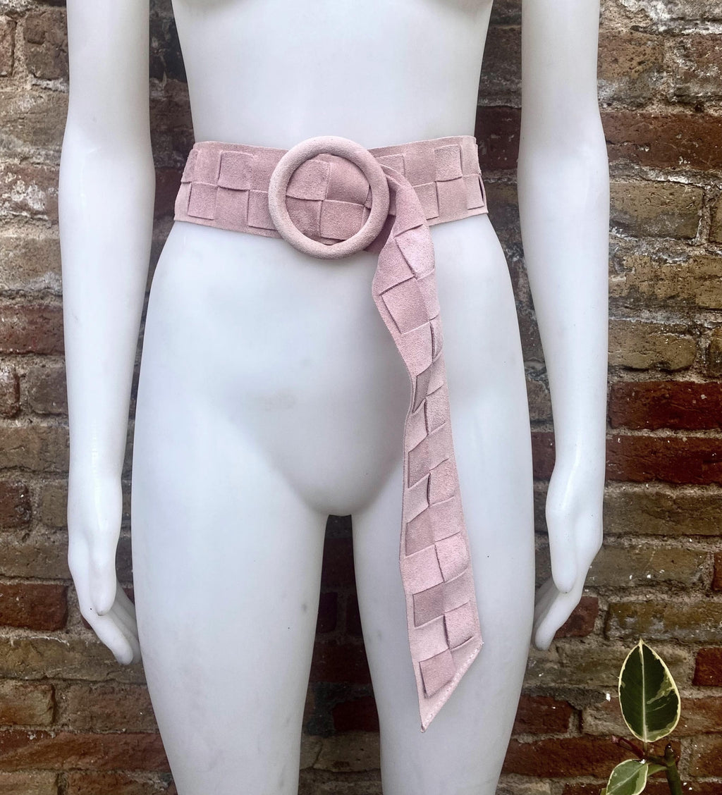 Light pink suede waist belt with large round buckle. Boho braided suede belt in a soft pink shade. Genuine natural pink suede leather