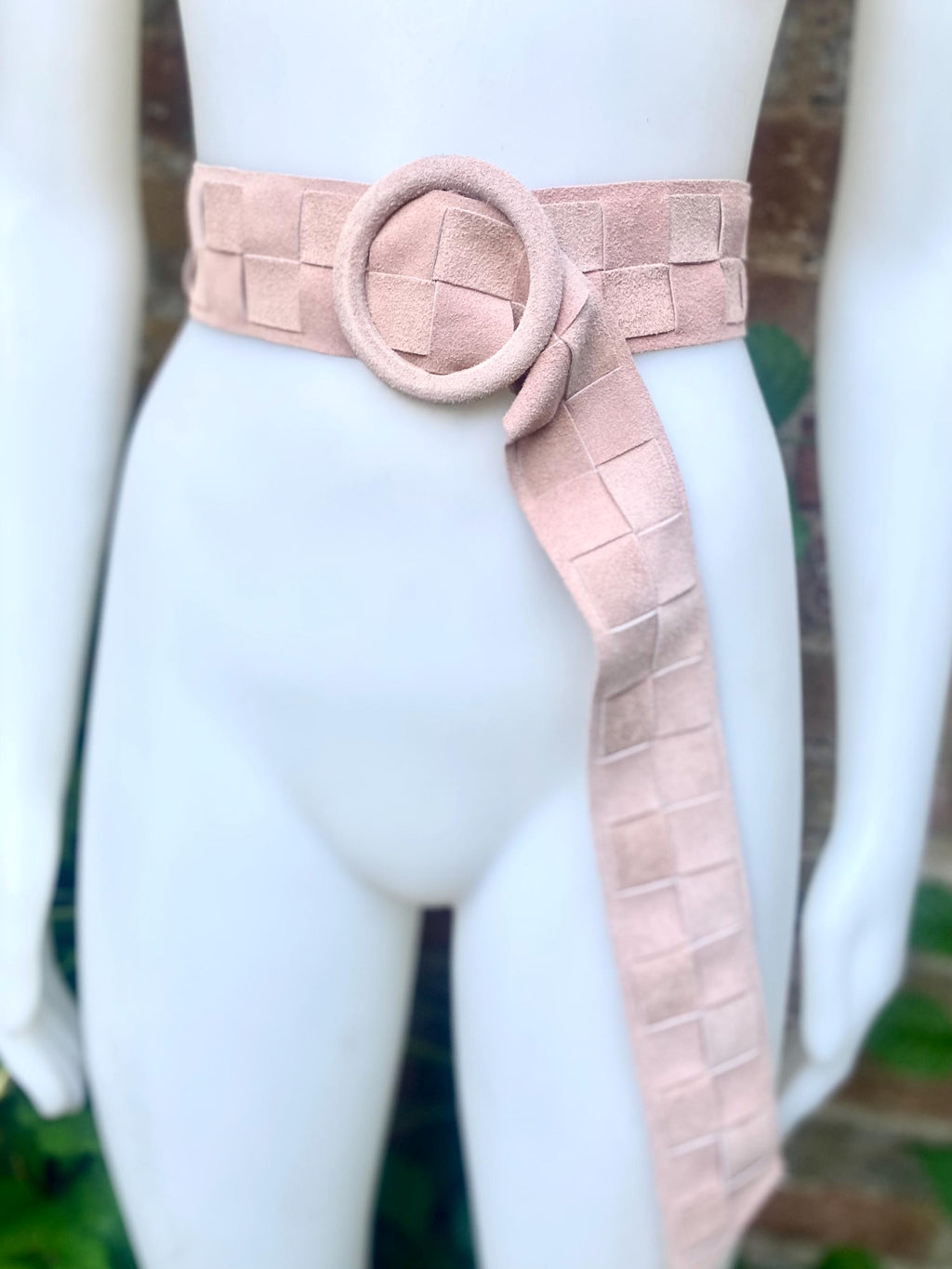 Light pink suede waist belt with large round buckle. Boho braided suede belt in a soft pink shade. Genuine natural pink suede leather