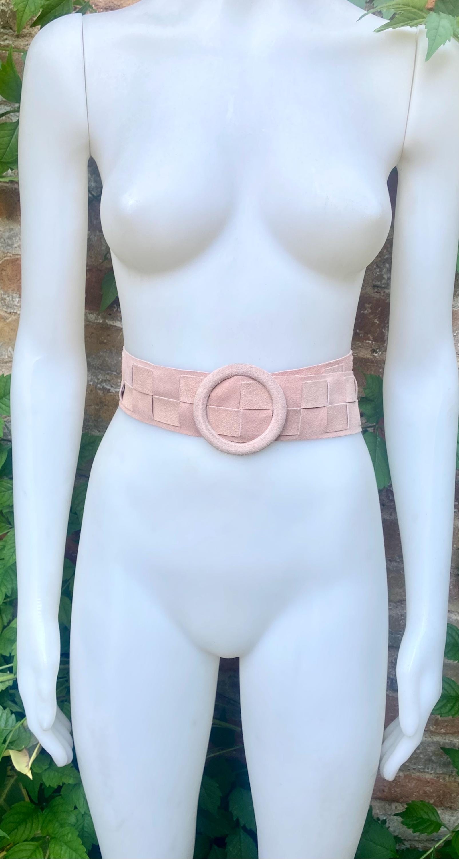 Light pink suede waist belt with large round buckle. Boho braided suede belt in a soft pink shade. Genuine natural pink suede leather