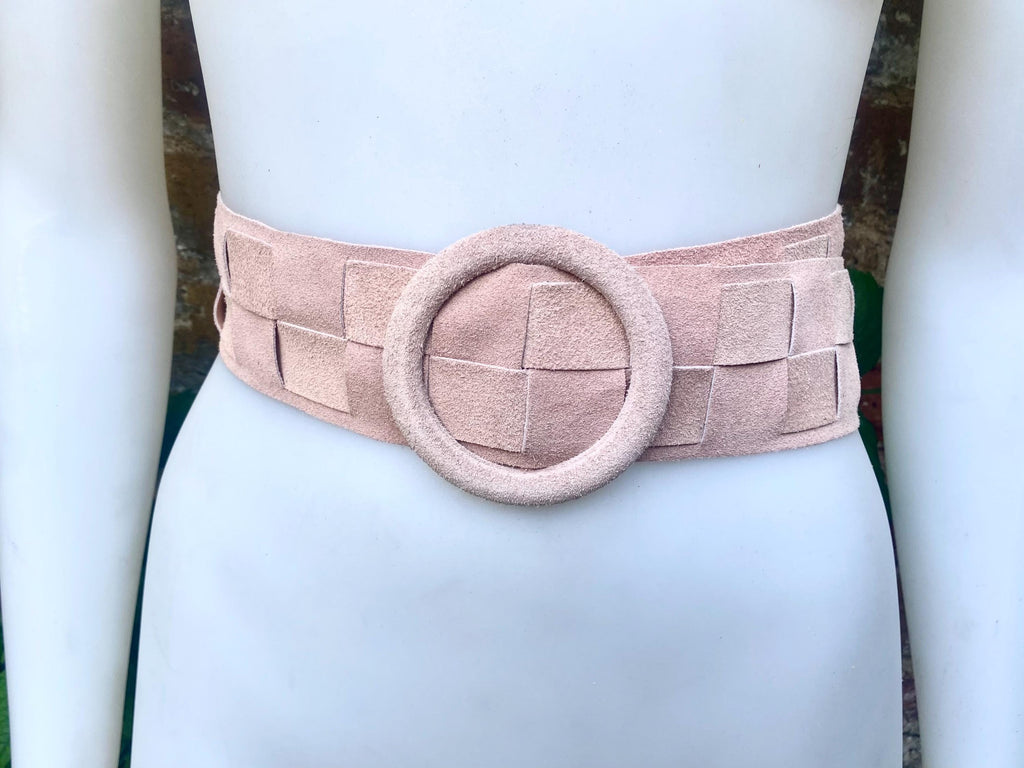 Light pink suede waist belt with large round buckle. Boho braided suede belt in a soft pink shade. Genuine natural pink suede leather