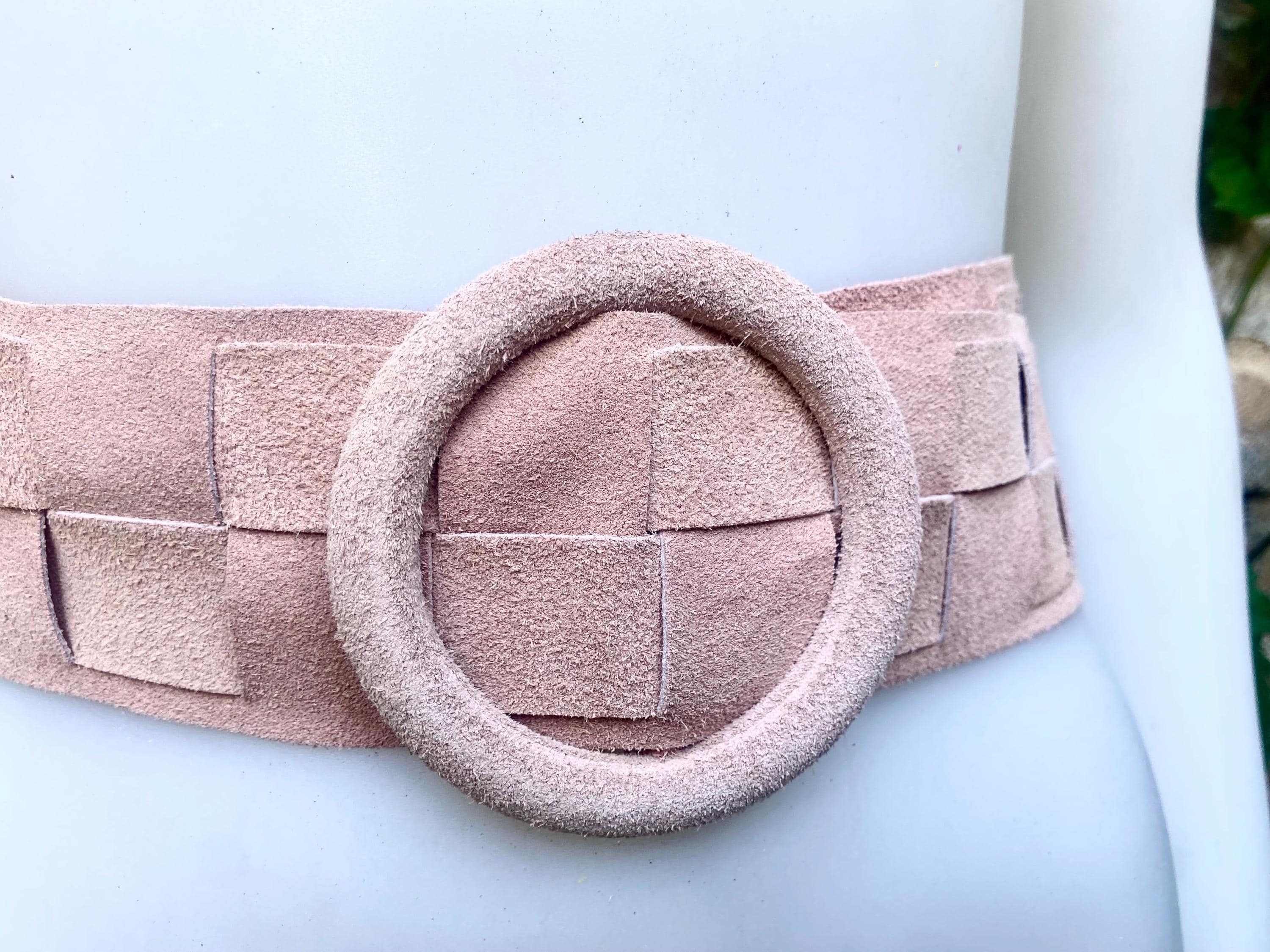 Light pink suede waist belt with large round buckle. Boho braided suede belt in a soft pink shade. Genuine natural pink suede leather