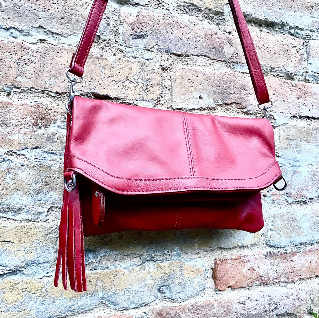 Small leather bag in RED. GENUINE leather cross body / shoulder bag in red with adjustable strap, zipper and flap.