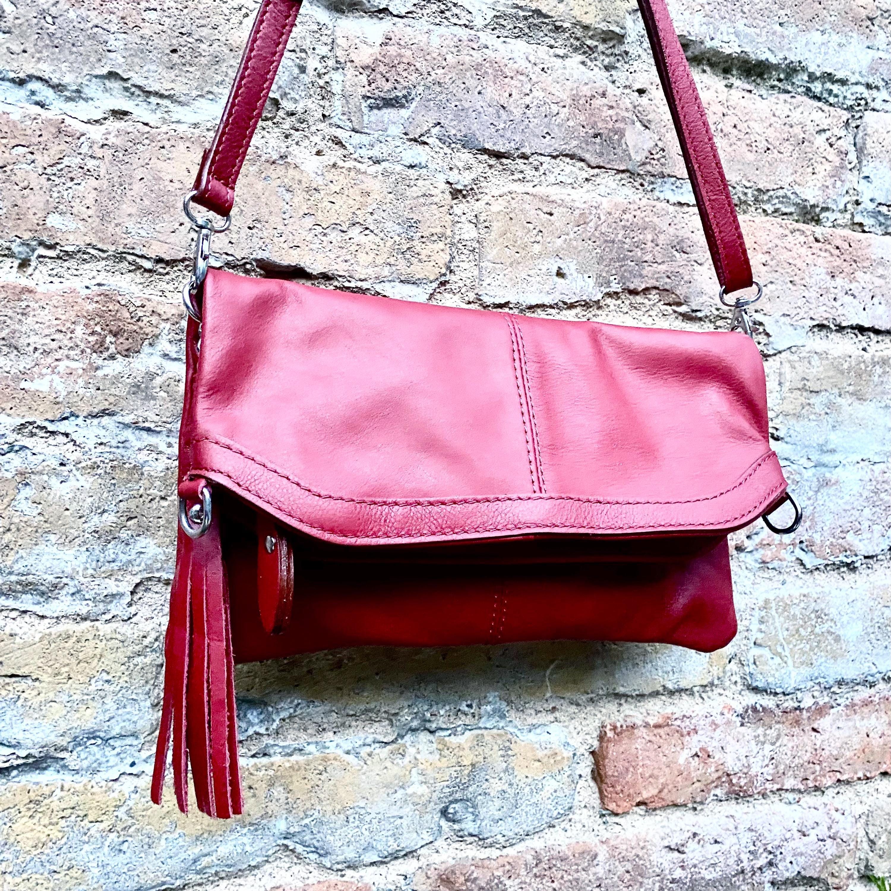 Small leather bag in RED. GENUINE leather cross body / shoulder bag in red with adjustable strap, zipper and flap.