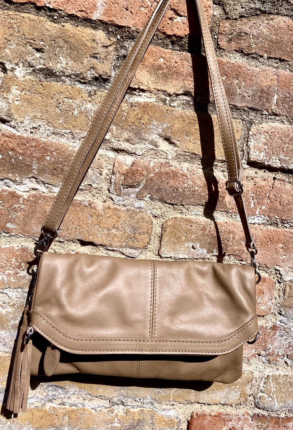 Light brown small leather bag. Crossbody / shoulder bag. Taupe brown bag. Adjustable strap, zipper + flap. Tan GENUINE leather purse.