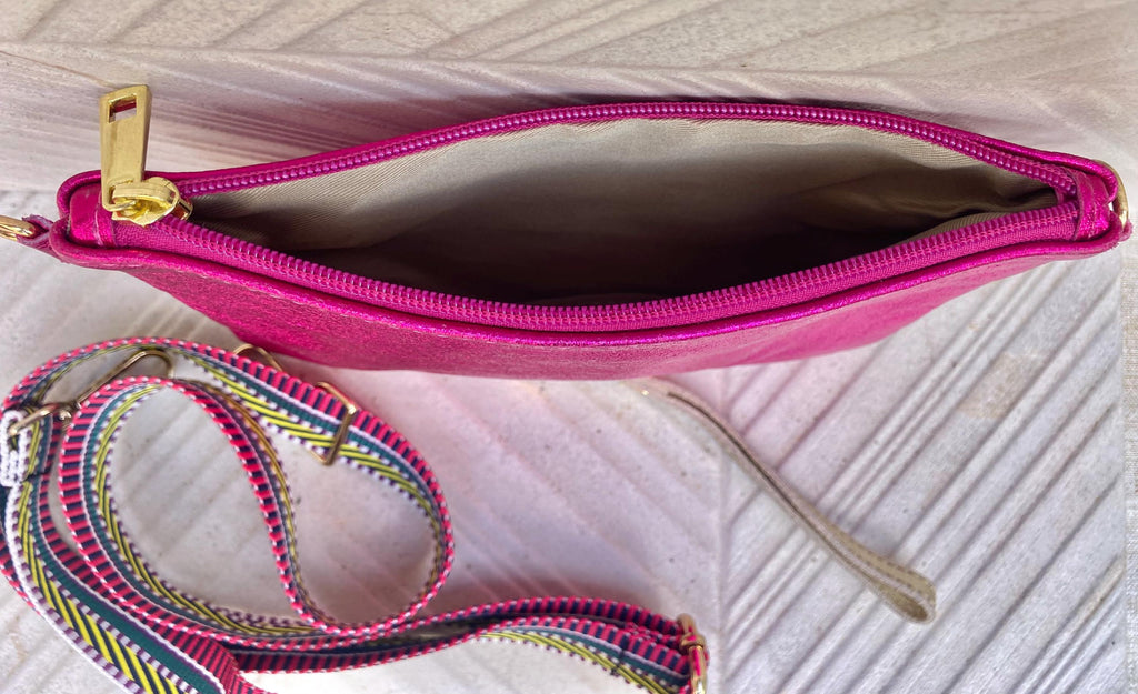 Small genuine leather bag in METALLIC hot pink. Cross body bag, shoulder bag or wristlet. Small glitter leather purse in magenta, fuchsia.