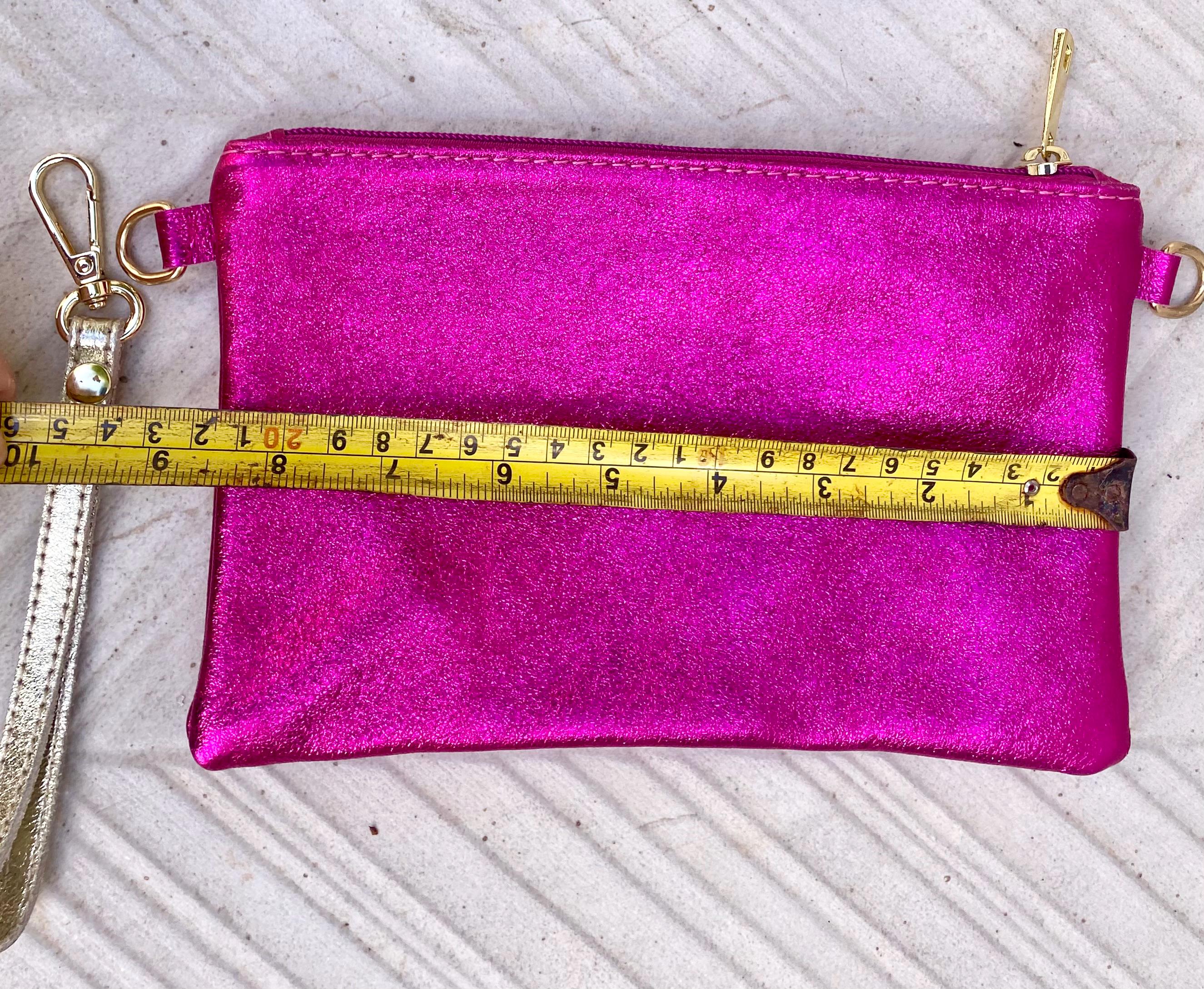 Small genuine leather bag in METALLIC hot pink. Cross body bag, shoulder bag or wristlet. Small glitter leather purse in magenta, fuchsia.
