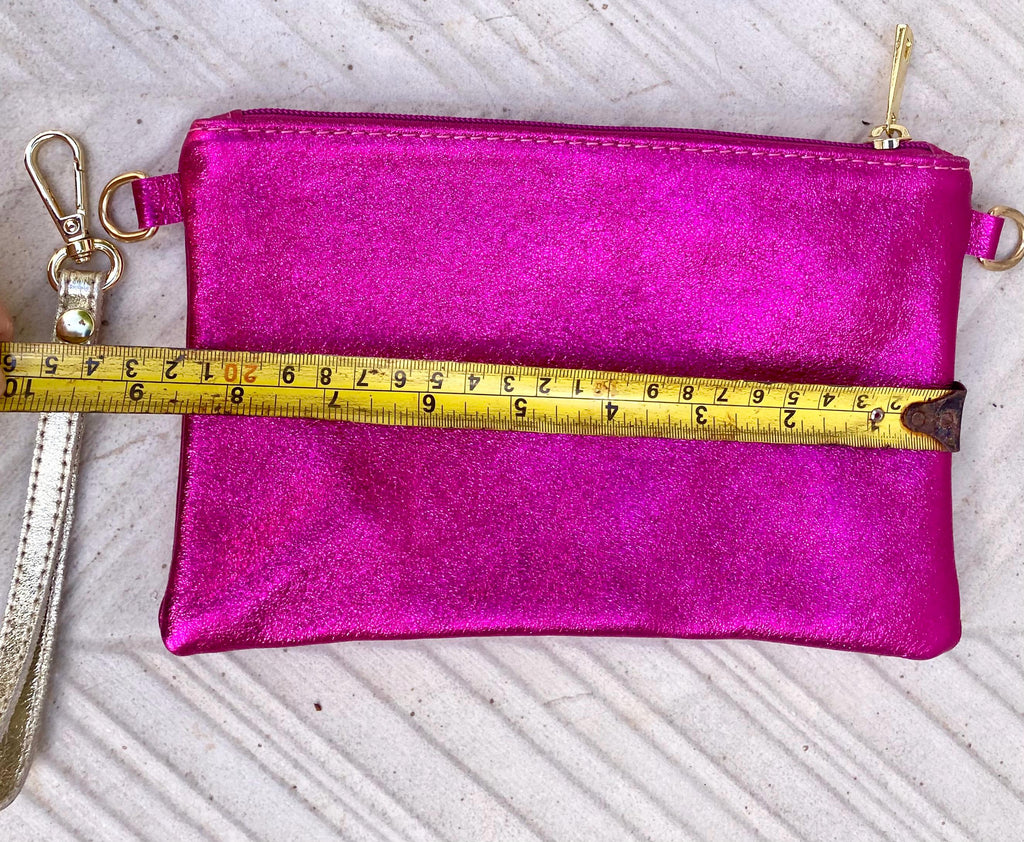 Small genuine leather bag in METALLIC hot pink. Cross body bag, shoulder bag or wristlet. Small glitter leather purse in magenta, fuchsia.