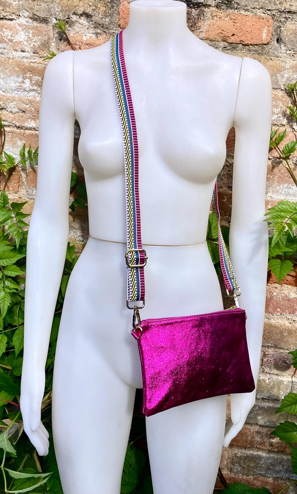 Small genuine leather bag in METALLIC hot pink. Cross body bag, shoulder bag or wristlet. Small glitter leather purse in magenta, fuchsia.