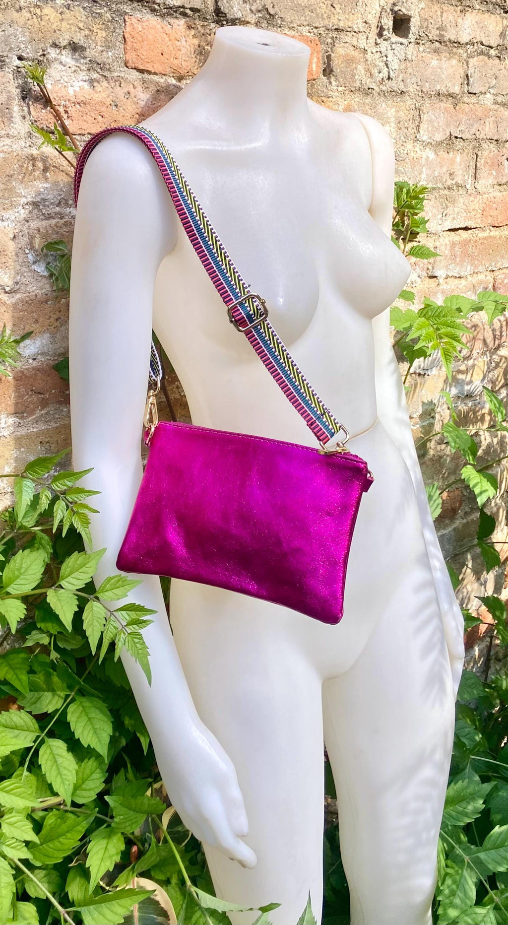 Small genuine leather bag in METALLIC hot pink. Cross body bag, shoulder bag or wristlet. Small glitter leather purse in magenta, fuchsia.