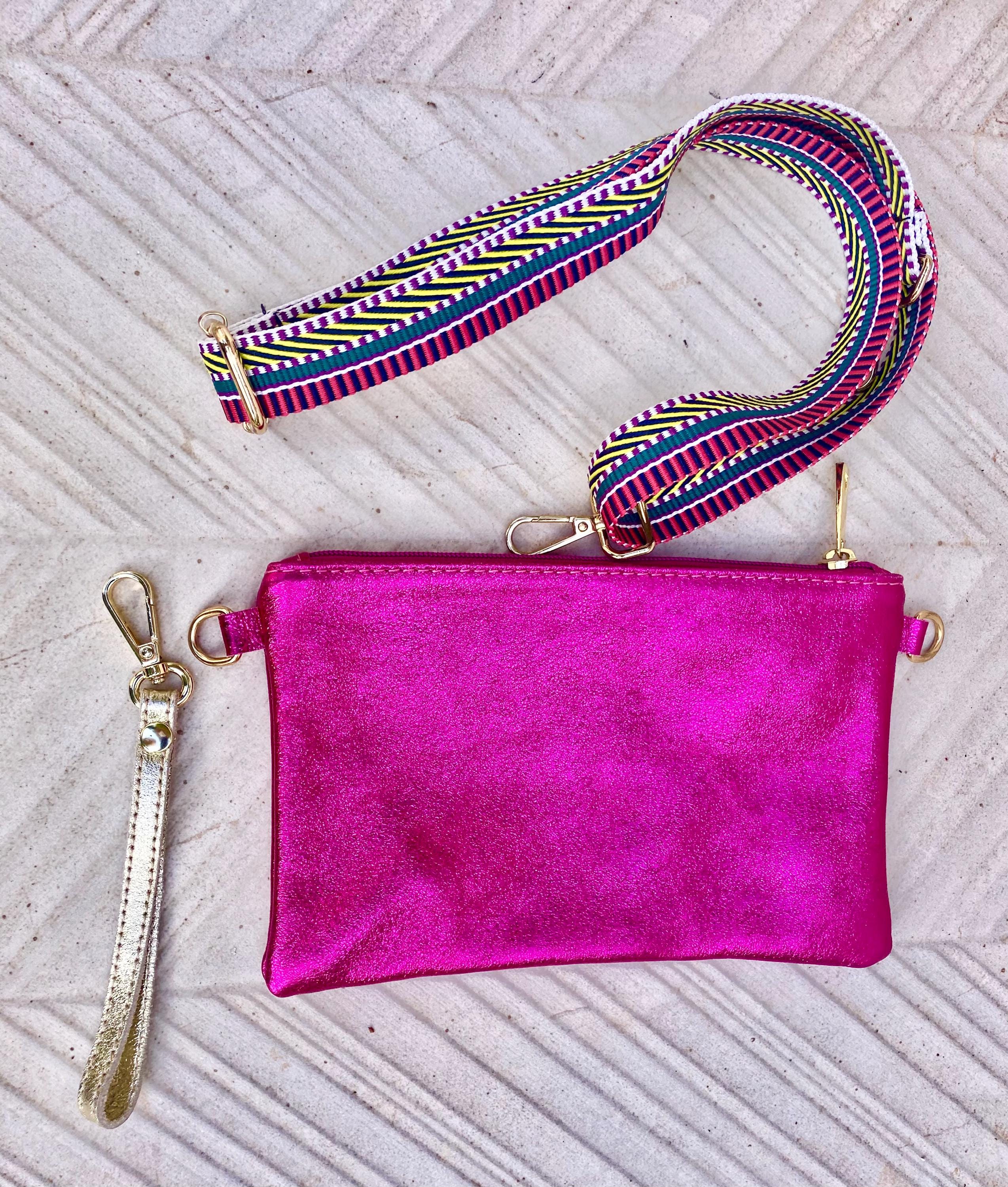 Small genuine leather bag in METALLIC hot pink. Cross body bag, shoulder bag or wristlet. Small glitter leather purse in magenta, fuchsia.
