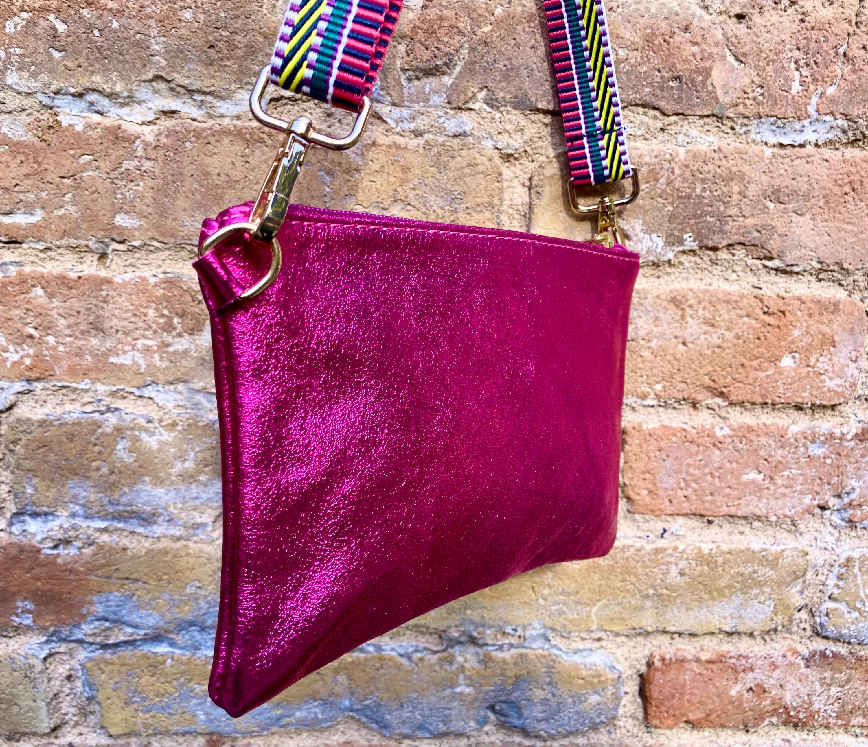 Small genuine leather bag in METALLIC hot pink. Cross body bag, shoulder bag or wristlet. Small glitter leather purse in magenta, fuchsia.