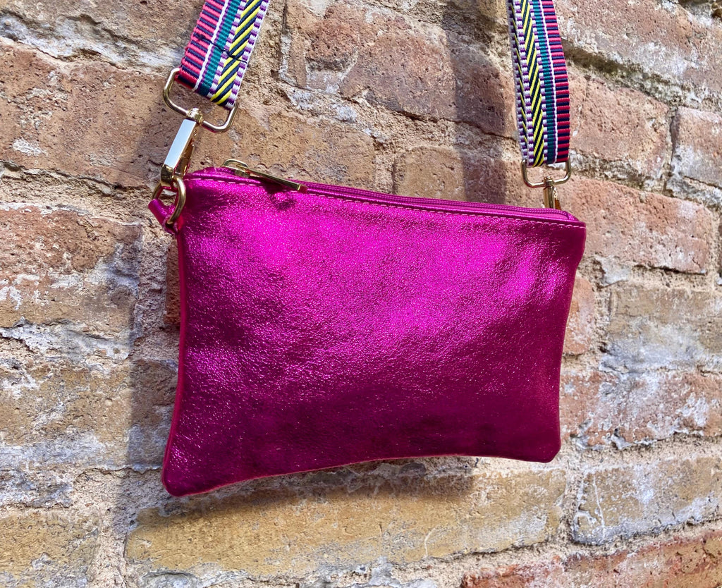 Small genuine leather bag in METALLIC hot pink. Cross body bag, shoulder bag or wristlet. Small glitter leather purse in magenta, fuchsia.
