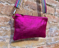 Small genuine leather bag in METALLIC hot pink. Cross body bag, shoulder bag or wristlet. Small glitter leather purse in magenta, fuchsia.