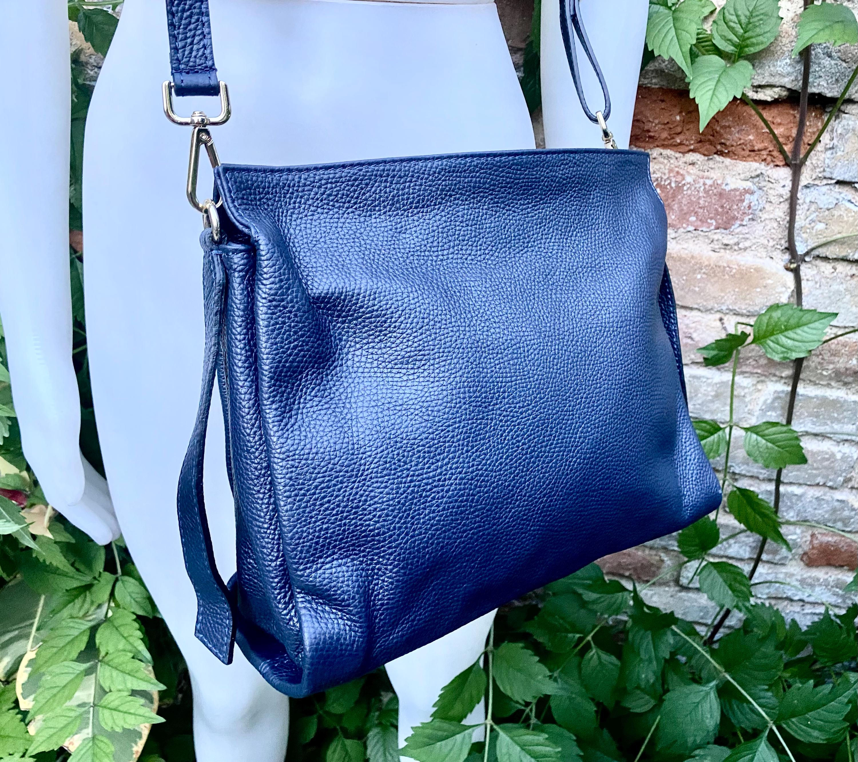 NAVY BLUE genuine leather bag. Hand / shoulder / crossbody bag. Removable longer adjustable strap. Dark blue shopper bag. Navy leather purse
