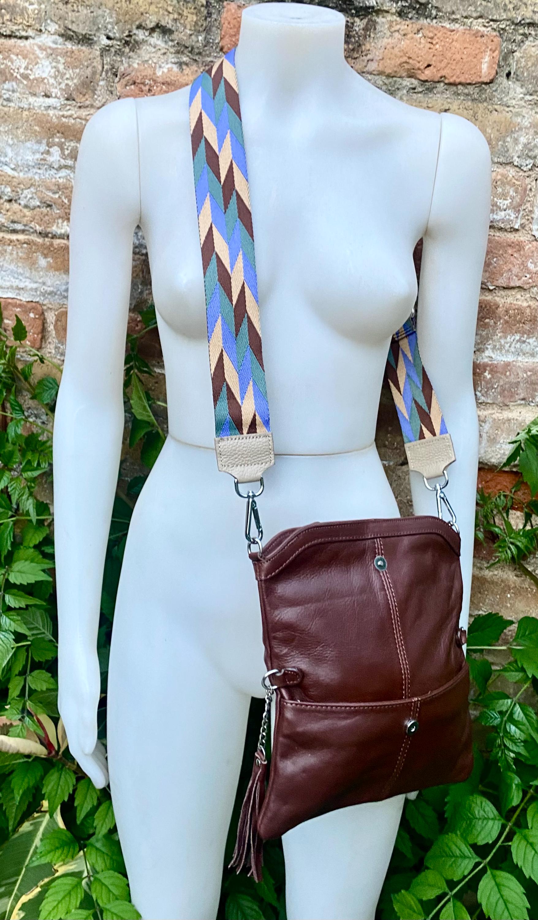 Small leather bag in dark brown. GENUINE leather crossbody/shoulder bag. Adjustable"guitar" strap, zipper and flap. Brown leather purse.