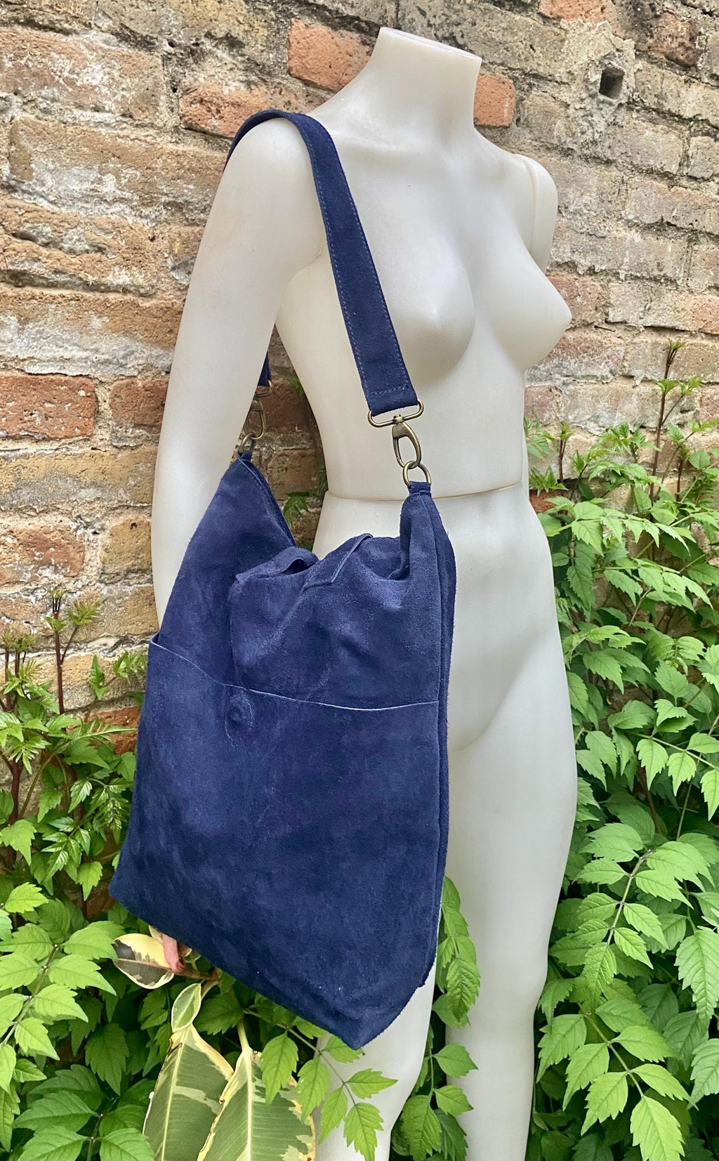 Navy blue leather tote. Large leather shopper, hand /shoulder straps. Dark blue suede bag, laptop bag. Handbag /shoulder suede bag