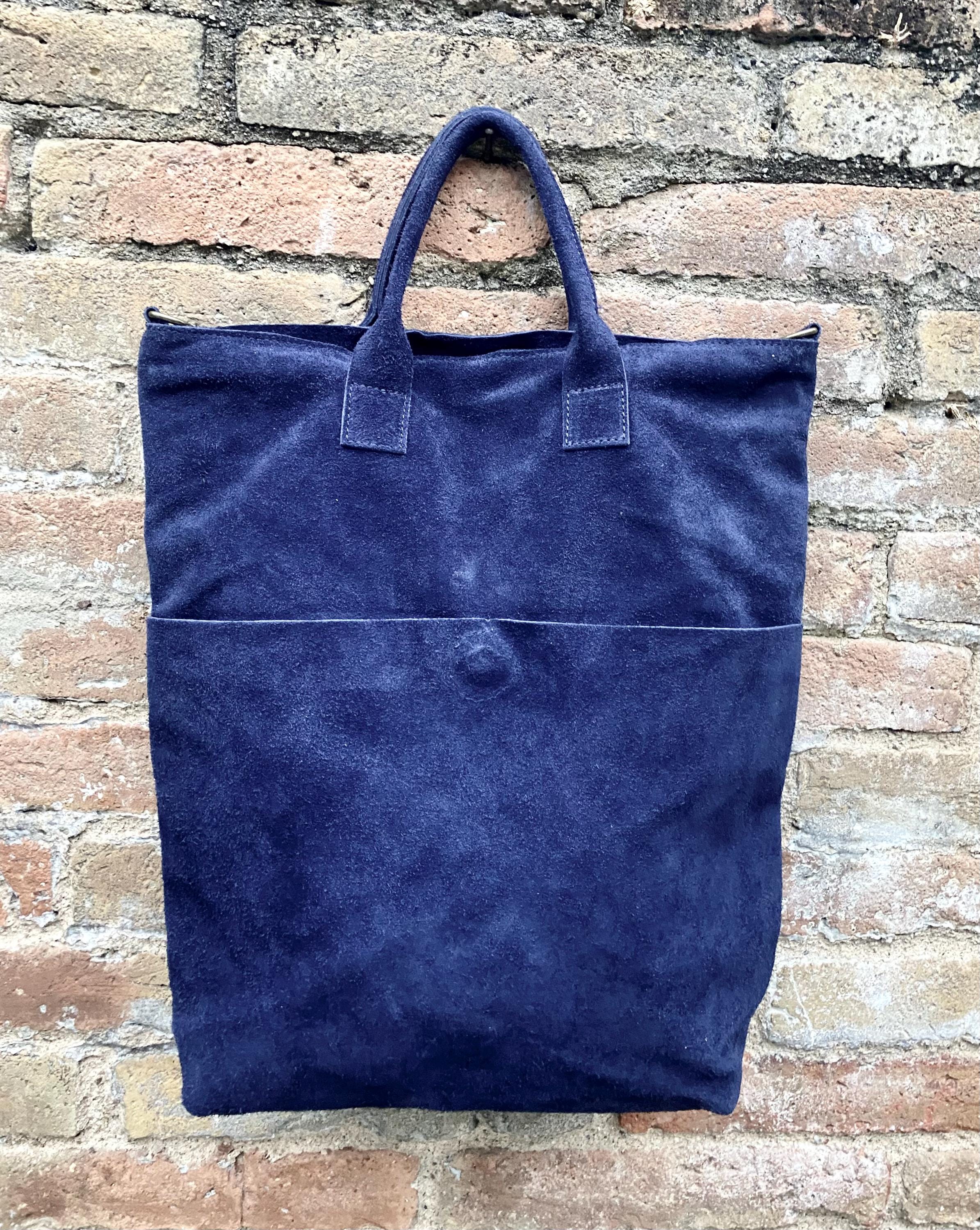 Navy blue leather tote. Large leather shopper, 3 changeable straps. Dark blue suede bag, laptop bag. Handbag /shoulder / crossbody bag