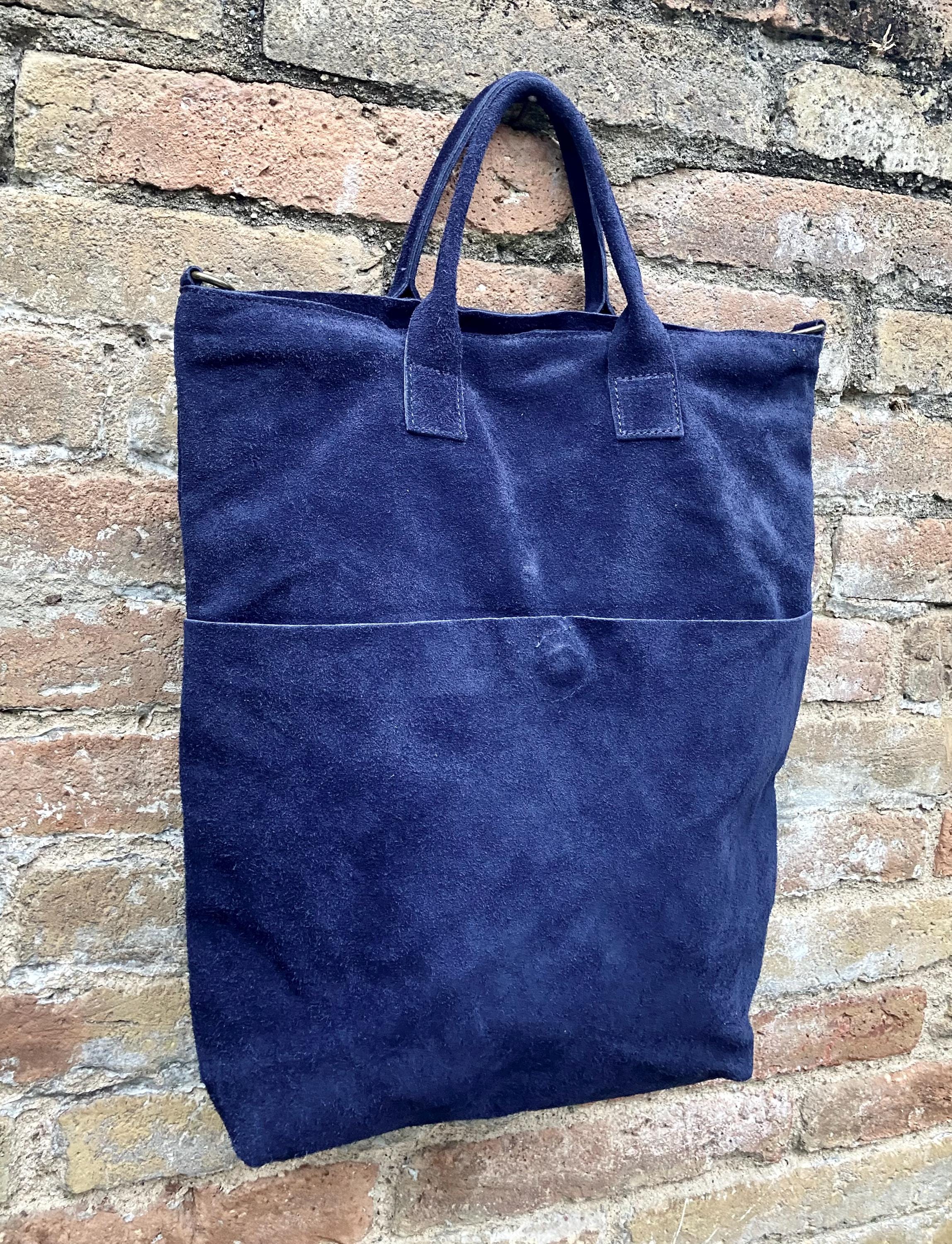Navy blue leather tote. Large leather shopper, 3 changeable straps. Dark blue suede bag, laptop bag. Handbag /shoulder / crossbody bag