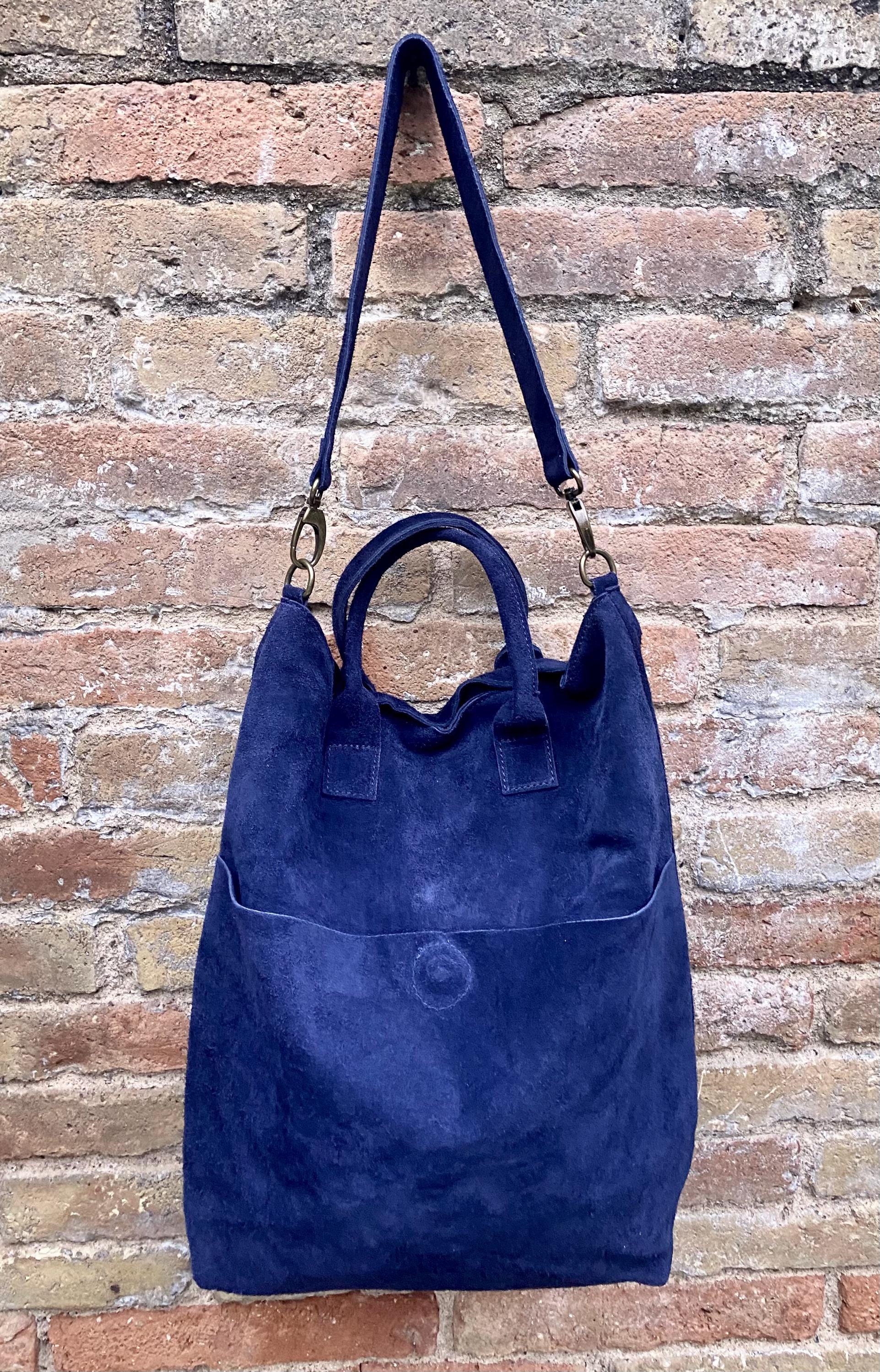 Navy blue leather tote. Large leather shopper, 3 changeable straps. Dark blue suede bag, laptop bag. Handbag /shoulder / crossbody bag