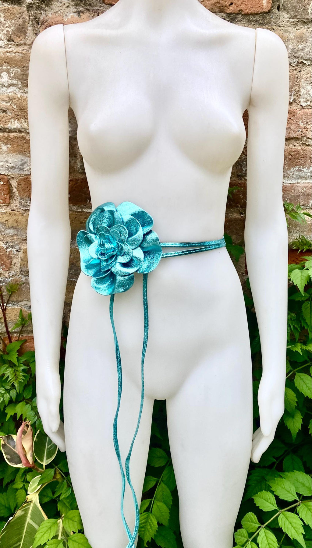 Flower leather belt in metallic turquoise BLUE. Waist, overall or dress belt. Genuine leather. Light blue flower belt.