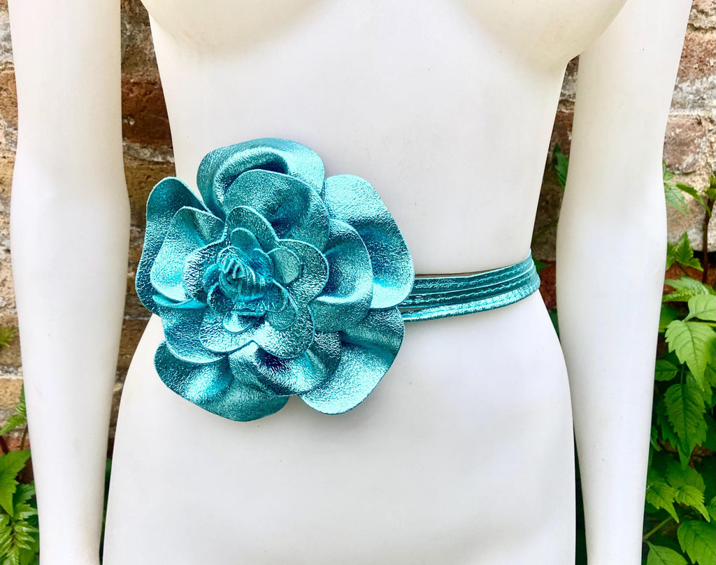 Flower leather belt in metallic turquoise BLUE. Waist, overall or dress belt. Genuine leather. Light blue flower belt.